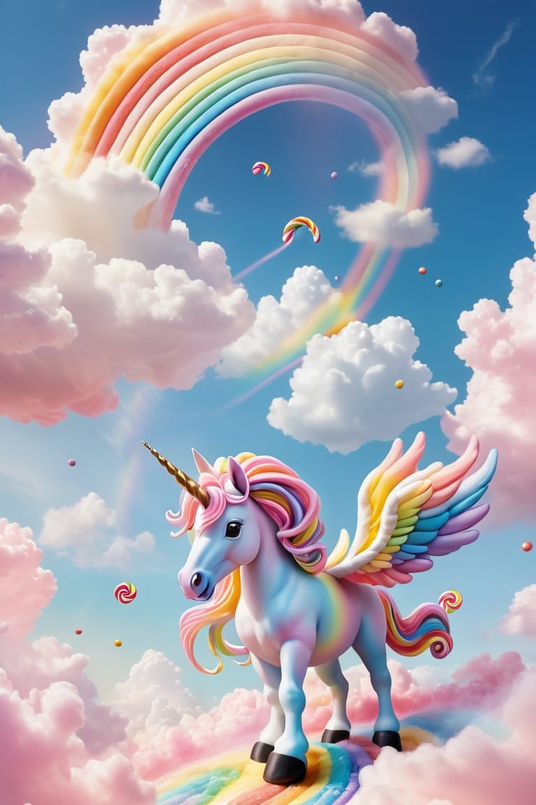 a rainbow candy unicorn soaring through the candy sky which is up above the candy clouds.  The candy unicorn has a rainbow candy horn, a white body, and has colourful light shining.  Has a pair of light pink candy wings ,dreamy feel . Pastal colours.  The candy clouds have a tiny little bit of rainbow colours.add a lots of candies in the sky.