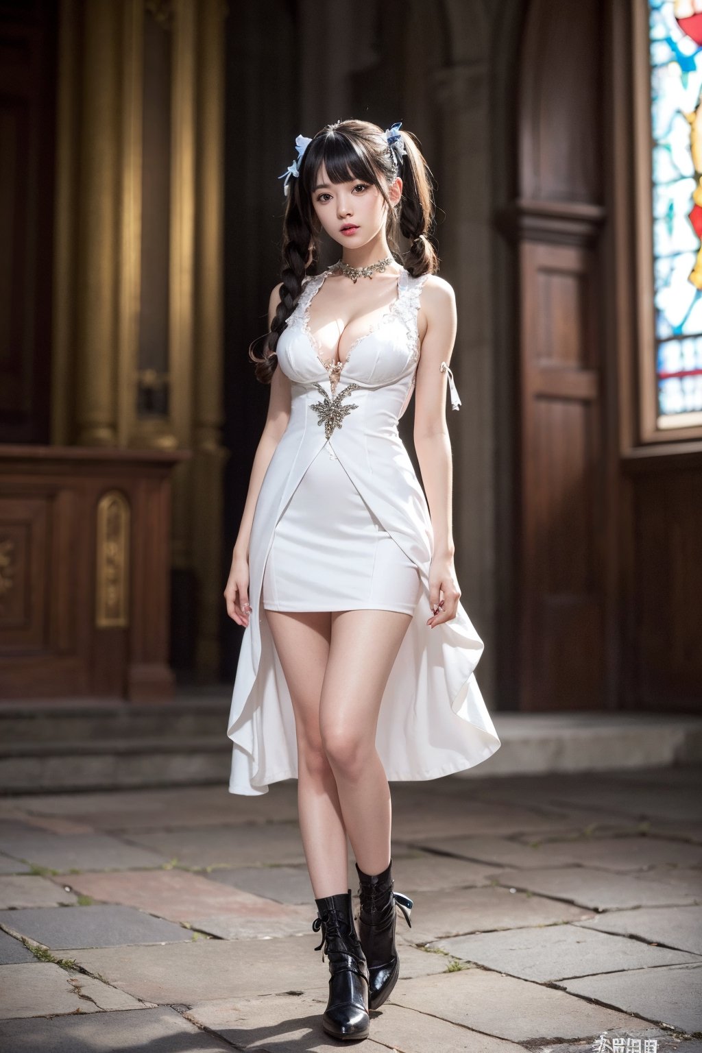 (masterpiece), (realistic) concept art of a sorceress on medieval church, fantasy medieval, sorceress clothes,Cleavage, petite figure, cute, full body, impasto, stunning woman detailed, sharp focus, dramatic, award winning, cinematic lighting, , volumetrics dtx, film grain, blurry background, blurry foreground, bokeh, depth of field, interaction, (hestia), (twintails), (rei no himo), white dress,
