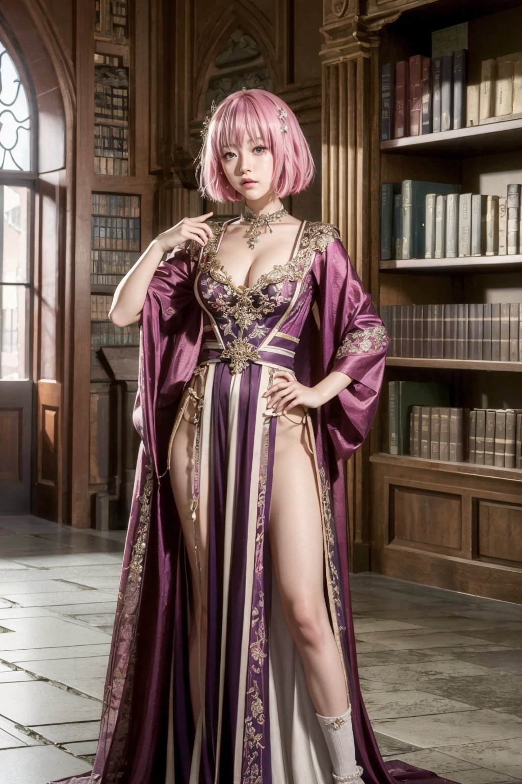 (masterpiece),	(realistic),	concept art of a sorceress on Medieval library, fantasy medieval, sorceress clothes,	Crystal,full body,	impasto, stunning woman detailed, sharp focus, dramatic, award winning, cinematic lighting, , volumetrics dtx, film grain, blurry background, blurry foreground, bokeh, depth of field, ,interaction, (zettai_ryouiki, Momo, pink_hair)