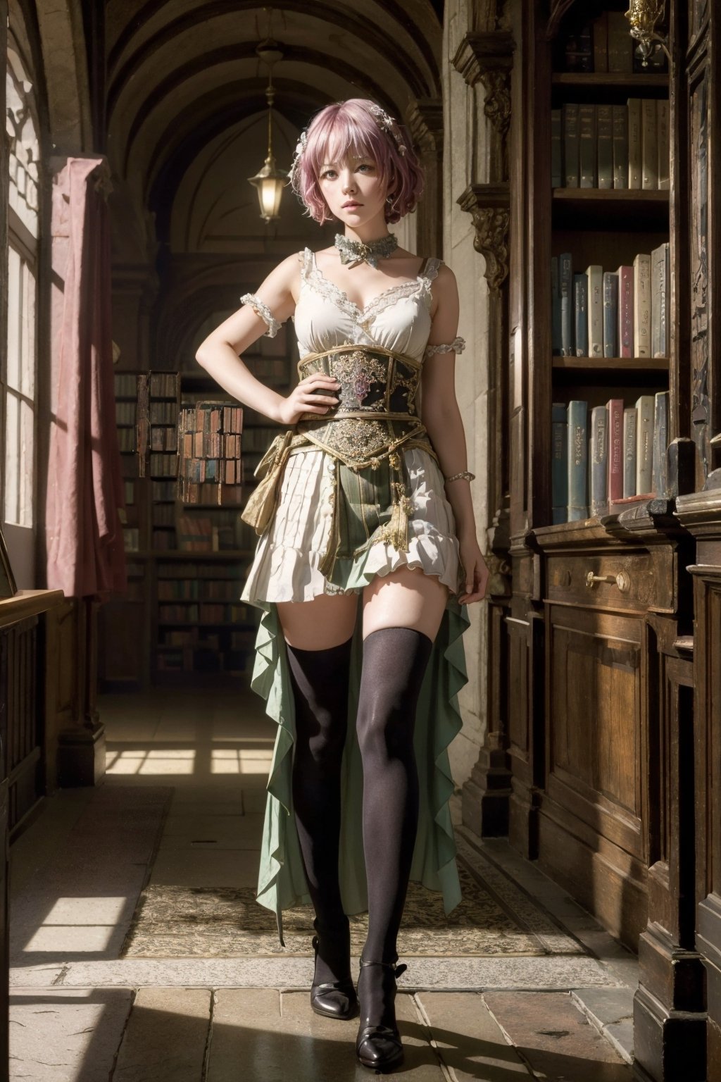 (masterpiece),	(realistic),	concept art of a sorceress on Medieval library, fantasy medieval, sorceress clothes,	Crystal,full body,	impasto, stunning woman detailed, sharp focus, dramatic, award winning, cinematic lighting, , volumetrics dtx, film grain, blurry background, blurry foreground, bokeh, depth of field, ,interaction, (zettai_ryouiki, Momo)