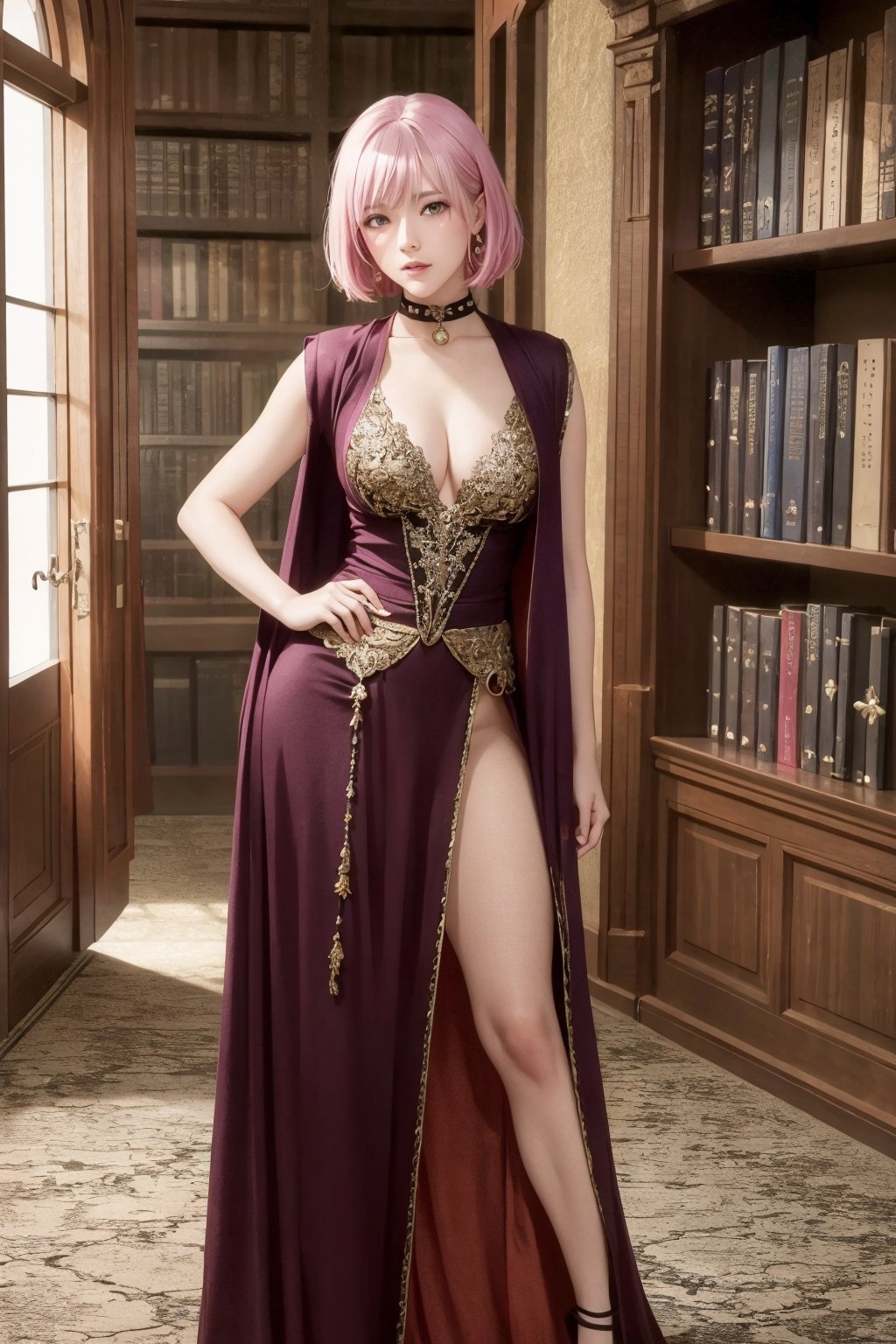 (masterpiece),	(realistic),	concept art of a sorceress on Medieval library, fantasy medieval, sorceress clothes,	Crystal,full body,	impasto, stunning woman detailed, sharp focus, dramatic, award winning, cinematic lighting, , volumetrics dtx, film grain, blurry background, blurry foreground, bokeh, depth of field, ,interaction, (zettai_ryouiki, Momo)