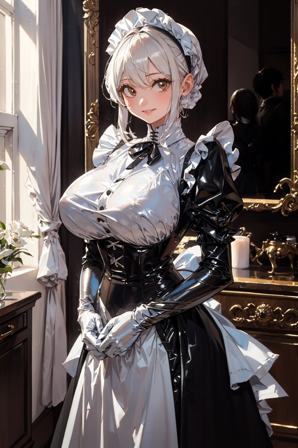 Imagine this. Upscaled. (Masterpiece, best quality, high resolution, highly detailed), Indoors detailed background, perfect lighting. (1girl:1.3), solo, (Hands:1.1), better_hands, gloved hands, better_hands. Rule of thirds,
Corny Katrina maid with white hair smiling and teasing you. Maid, black dress (dress:1.2), heavy duty working rubber gloves, puffy skirt, long skirt, puffy sleeves, long sleeves, Juliet sleeves, buttoned blouse with Victorian neck, tight corset, (huge breasts:1.1), breastfeeding chest. Indoors, (renaissance, vintage:1.2), ornate walls, 
By Paracosmos. 
,nodf_lora,LatexConcept
