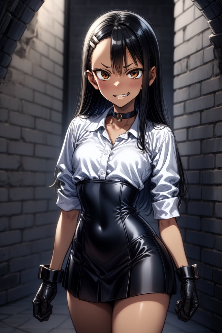 4HDK. UPSCALED. MASTERPIECE. Imagine this. Upscaled Synthography. Far view shot, Nagatoro mistress watching to the camera with a cruel sadic angry face. Awesome sadistic imposing beauty mistress Nagatoro wearing sailor schoolgirl uniform,  the mistress wearing heavy duty rubber gauntlets and double gloving long leather gloves,  buttoned silk blouse with Victorian neck,  choker,  ornate leather corset,  sadic grin, yandere trance, kissing lips, synthetic wig, breastfeeding chest, rubber plaid miniskirt. Perfect anatomy, nice eyes, perfect eyes, nice hair, eyeliner and makeup, beautiful face, nice hands. Free space above head, isometrics details, octane render, high definition, approaching perfection, pure form, golden ratio, something that even doesn't exist, iridescent and luminescent textures, breathtaking beauty, pure perfection, divine presence, unforgettable, perfect breasts, beautiful breasts, masterpiece, detailed colorful dungeon environment,  brick walls,  whimsical,  tetradic colors,  rocks and stones,  fairytale,  fantasy,  vibrant,  sunbeams. 4HDK,  free space above head,  isometrics details,  octane render,  high definition,  approaching perfection,  pure form,  golden ratio,  intricate details,  stunning,  something that even doesn't exist,  dark lightning,  hyperdetailed,  intricately detailed gothic art,  triadic colours,  fantastical,  intricate detail,  splash screen,  complementary colours,  fantasy, best quality. Female, yandere trance, nagatoro_hayase