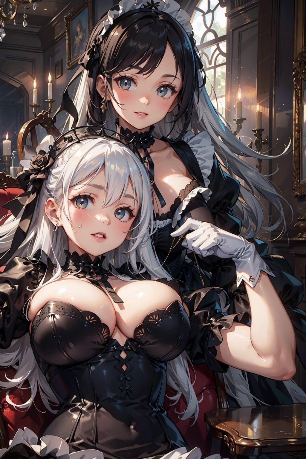 Imagine this. Upscaled, (((both with white hair))), 2girls clear skin, (Masterpiece, best quality, high resolution, highly detailed), Indoors detailed background, perfect lighting. (Hands:1.1), better_hands, gloved hands, better_hands.
Corny Katrina maid with white hair smiling and teasing you with an evil twin. Maid, black dress (dress:1.2), heavy duty working rubber gloves, puffy skirt, long skirt, puffy sleeves, long sleeves, Juliet sleeves, buttoned blouse with Victorian neck, tight corset, (huge breasts:1.1), breastfeeding chest. Indoors, (renaissance, vintage:1.2), ornate walls, 
By Paracosmos. 
,nodf_lora,LatexConcept
