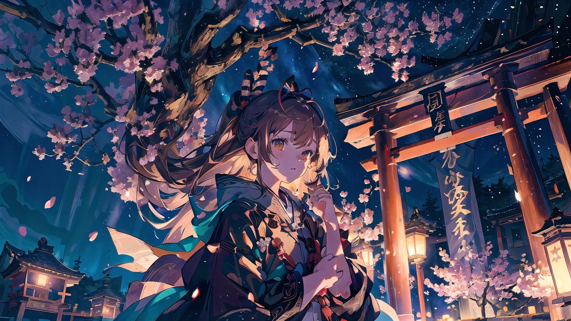 //Quality
(((best quality, 8k wallpaper))), ((detailed eyes, detailed illustration, masterpiece, ultra-detailed)),

//Charater
1girl, solo, Nanashi Mumei, (brown hairs), 
mumeidef,

// Pose
upper body, (dynamic angle), 
looking at viewer, 

// Background
((detailed background)), midjourney, yofukashi background,perfect light, (cherry blossoms), extremely delicate and beautiful, ((background: shrine, night stars iridescent)), ((nightime, detailed stars)), Night view in the shrine, A girl prays in front of a shrine at night, behind her is a row of lanterns and a red torii gate,Detailedface,More Detail