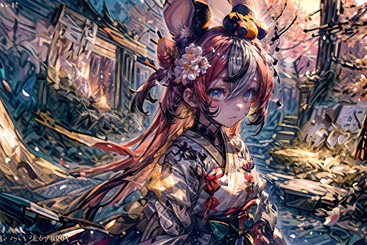 //Quality
(((best quality, 8k wallpaper))), ((detailed illustration, masterpiece, ultra-detailed)), 

//Body
(detailed face, (detailed eyes), detailed skin, detailed hair, detailed fabric), detailed fingers, 
(beautiful detailed eyes, pretty eyelashes, (shiny eyes)), (glossy eyes))), reflective eyes, sparkly eyes, sparkles in eyes),

//Charater
1girl, solo, Hakos Baelz, (red hairs),
BaelzNewYears, long hair, hair bun, hair flower, kimono, obi, mask on head, thighhighs, 

// Pose
upper body, looking at viewer, 
dynamic angle,

// Background
((detailed background)), midjourney, yofukashi background, (perfect light, cinematic lighting, extreme light and shadow effects), (cherry blossoms, petals floating in the wind,), extremely delicate and beautiful, ((background: shrine, night stars iridescent)), ((nightime, detailed stars, starry sky,)), Night view in the shrine, A girl prays in front of a shrine at night behind her is a row of lanterns and a red torii gate, ,Detailedface,best quality,More Detail,hakosdef