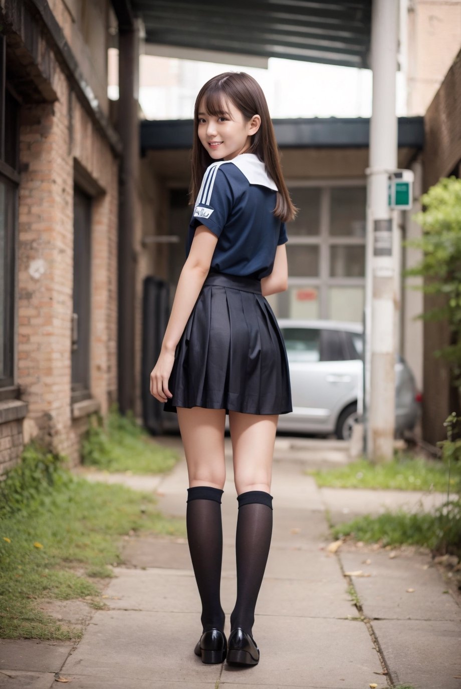 (masterpiece),  1girl,  smile, ,light particles,  ,random,masterpiece,hk_girl,  full_body: 1.1,girl, solo , full body, lustful eye , model catwalk style walking foward sideway, front view, real girl, 18 years old Japanese girl , sailor black school girl uniform , Premium Women's Back Seam Thigh High, short skirt,,shy innocent face , in old abandoned clothing factory, black hair with highlighting, visible skin detail, skin fuzz, glossy skin, natural_lighting , Detailedface,school uniform,