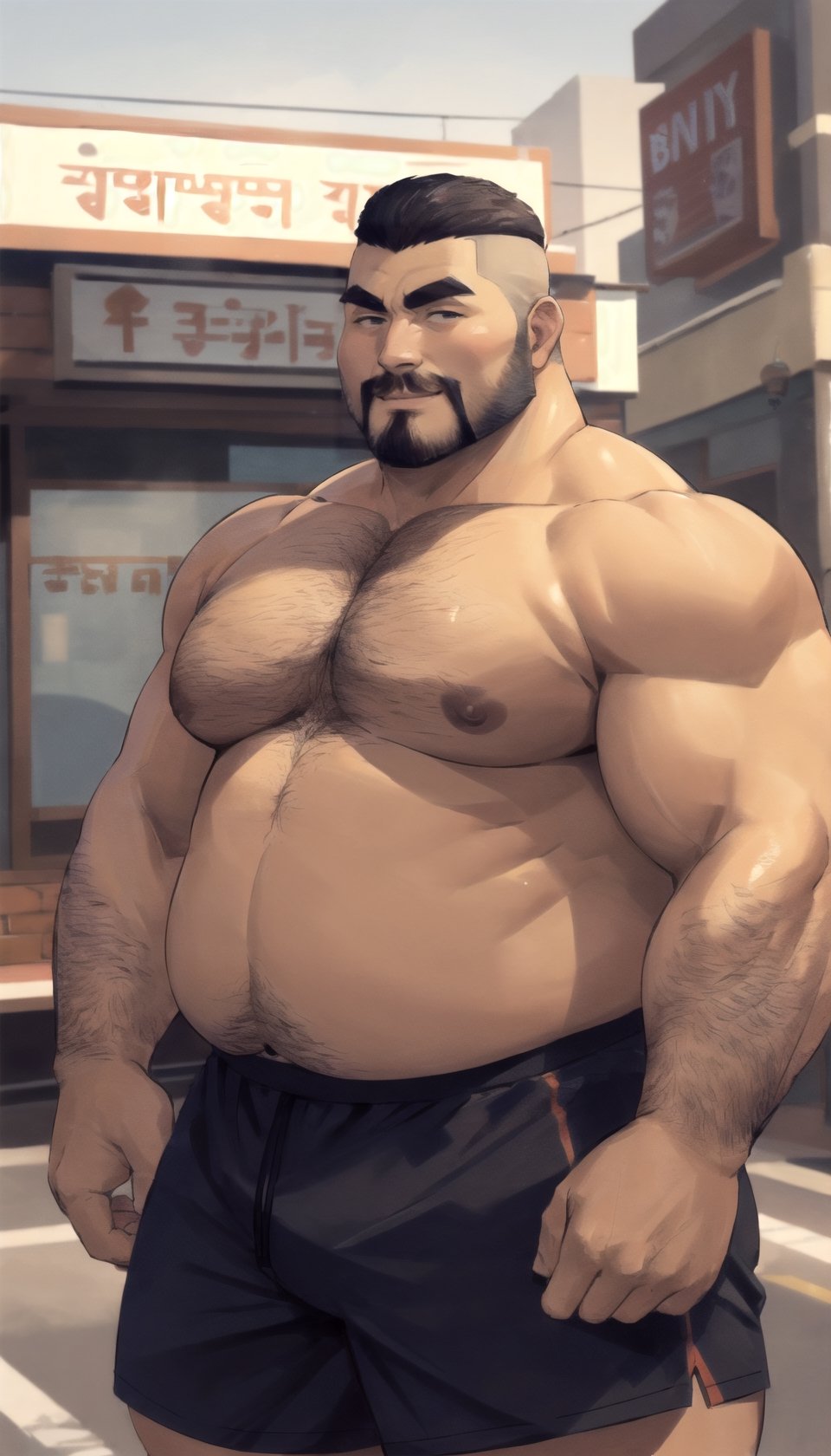 men , big , giant,Thai style( beefy daddy style)(chubby mature man),(chubby man)(Bold),( tough), (muscular man), 1mature, male focus, in a Men's barber shop, brick building, outside, logo, morning day