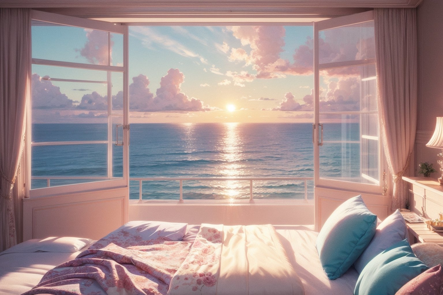 view from bedroom window, bed, ocean, yatch, sunrise, pleasant morning, beautiful view, soft pastel colors, scenic, eye pleasing, masterpiece, digital painting style ,concept