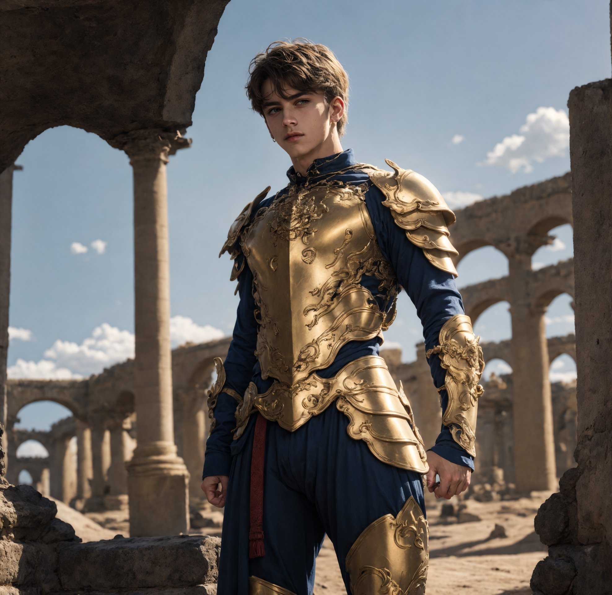 a full body shot of a 17-year-old cute Italian boy standing, wear heavy gold armor, fire sword in his hand, realistic, masterpiece, amazing photography, 8k, HDR, ultra-high resolution, realistic face, realistic body, slim body, realistic eyes, highly detailed eyes, perfect young face, wear majestic gold armor, ultra-high resolution,8k,Hdr, soft light, perfect face, cinematic light, soft box light, pal colors, unsaturated colors,abandoned_style, photo of perfect eyes,he's looking side way, perfect leg, walking outside in the nature, perfect foot, can see the whole body,handsome cute italian boy, sharp focus, short hair, fade haircut, male_only, not looking at viewer, smooth, no chest hair, pose sword fight, alone, heavy armor, realistic skin,hdsrm, fighter, looking up to the sky, sword in hand,fight scene, sword slashing,renaissance