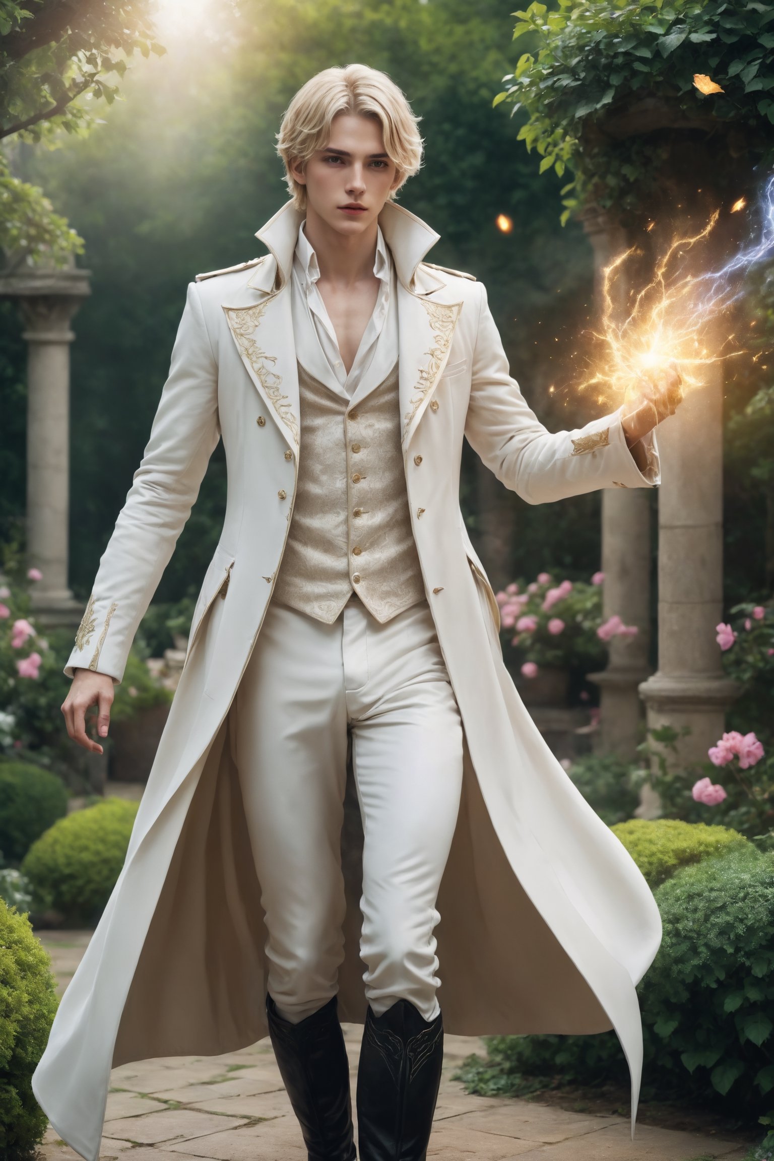 create a hyper-realistic image of a ((14 years old:1.7)) tall and handsome European prince, young handsome wizard fighting with magic in the garden,  8k, high detailed, sharp focus,more detail XL,Movie Still,(side body view:1.9), black boots,  (whole image within frame),  ((blond shade haircut)), cinematic moviemaker , ((casting spell:1.4)), style,Stylish,abmhandsomeguy, ((full body shot:1.9)), topless,aesthetic portrait,LegendDarkFantasy, ((pale skin)) ,aw0k euphoricred style,cute blond boy, white long coat, 