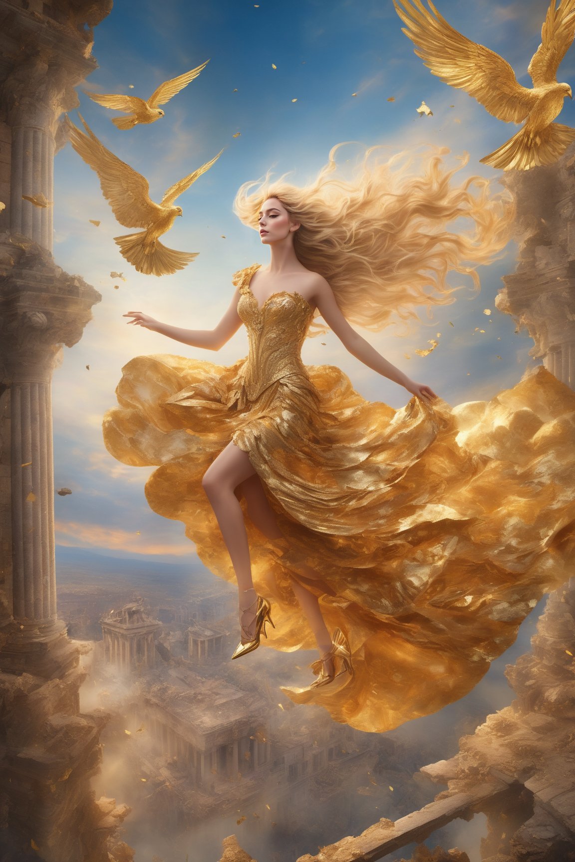 best quality, masterpiece, ((aerial view:1.4)), ((floating in the sky:1.4)), 
Amidst the ruins of a once-grand temple, Athena flying in the sky, her gold gown a whirlwind of rococo flair and chaos, mirroring the tumult she brings,  a testament to her power to challenge and provoke, (whole body within frame:1.2), very long blond hair, ((gold heels:1.2)),

