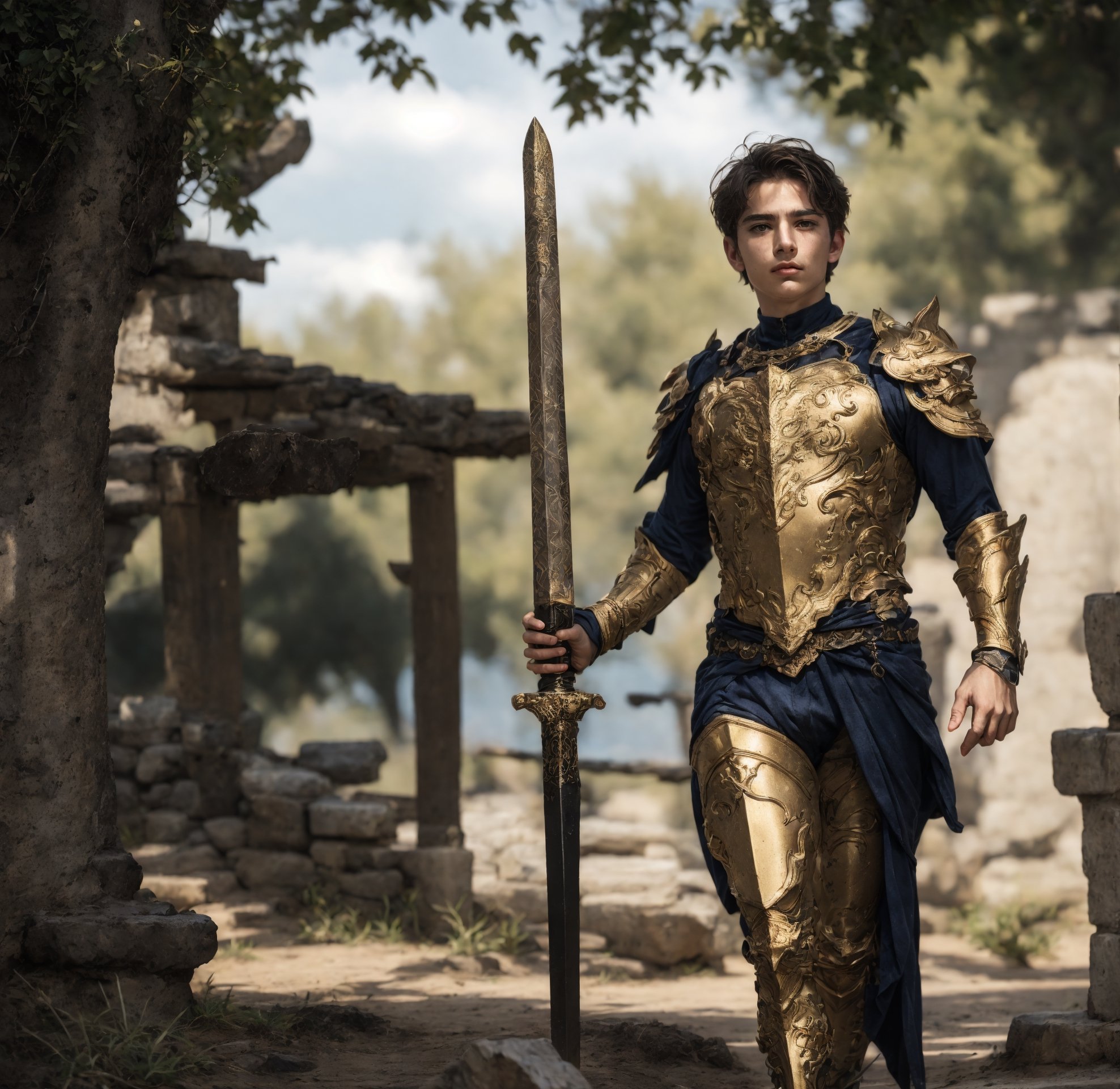 a full body shot of a 17-year-old cute Italian boy standing, wear bear chest armor, fire sword in his hand, realistic, masterpiece, amazing photography, 8k, HDR, ultra-high resolution, realistic face, realistic body, slim body, realistic eyes, highly detailed eyes, perfect young face, wear majestic gold armor, ultra-high resolution,8k,Hdr, soft light, perfect face, cinematic light, soft box light, pal colors, unsaturated colors,abandoned_style, photo of perfect eyes,he's looking side way, perfect leg, walking outside in the nature, perfect foot, can see the whole body,handsome cute italian boy, sharp focus, short hair, fade haircut, male_only, not looking at viewer, smooth, no chest hair, pose sword fight, alone, heavy armor, realistic skin,hdsrm, fighter, looking up to the sky, sword in hand,fight scene, sword slashing,renaissance