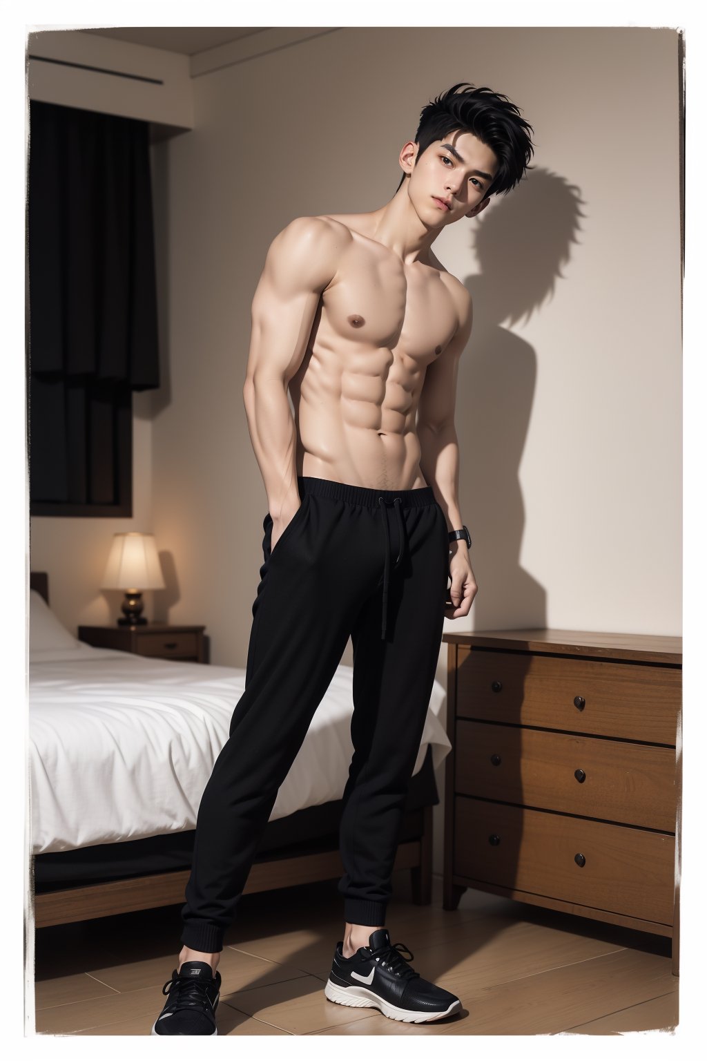 ((Fujifilm)), man, tall, handsome, solo, night,  calm, hair blown by the breeze, aisb_aisb, black jumper, and black long pants,black shoes, ((fade haircut:1.2)),short hair, bedroom, (full body view),Handsome Thai Men, dynamic movement,
(fantasy theme:1.2), ((slender:1.4)), 
beautiful and aesthetic, vibrant color, Exquisite details and textures, cold tone, ultra realistic illustration,siena natural ratio, anime style,  (solo), (standing 1.5)), (torso body shot:1.4), (can see whole body head to toe), 1 versus 1,Detailedface, 