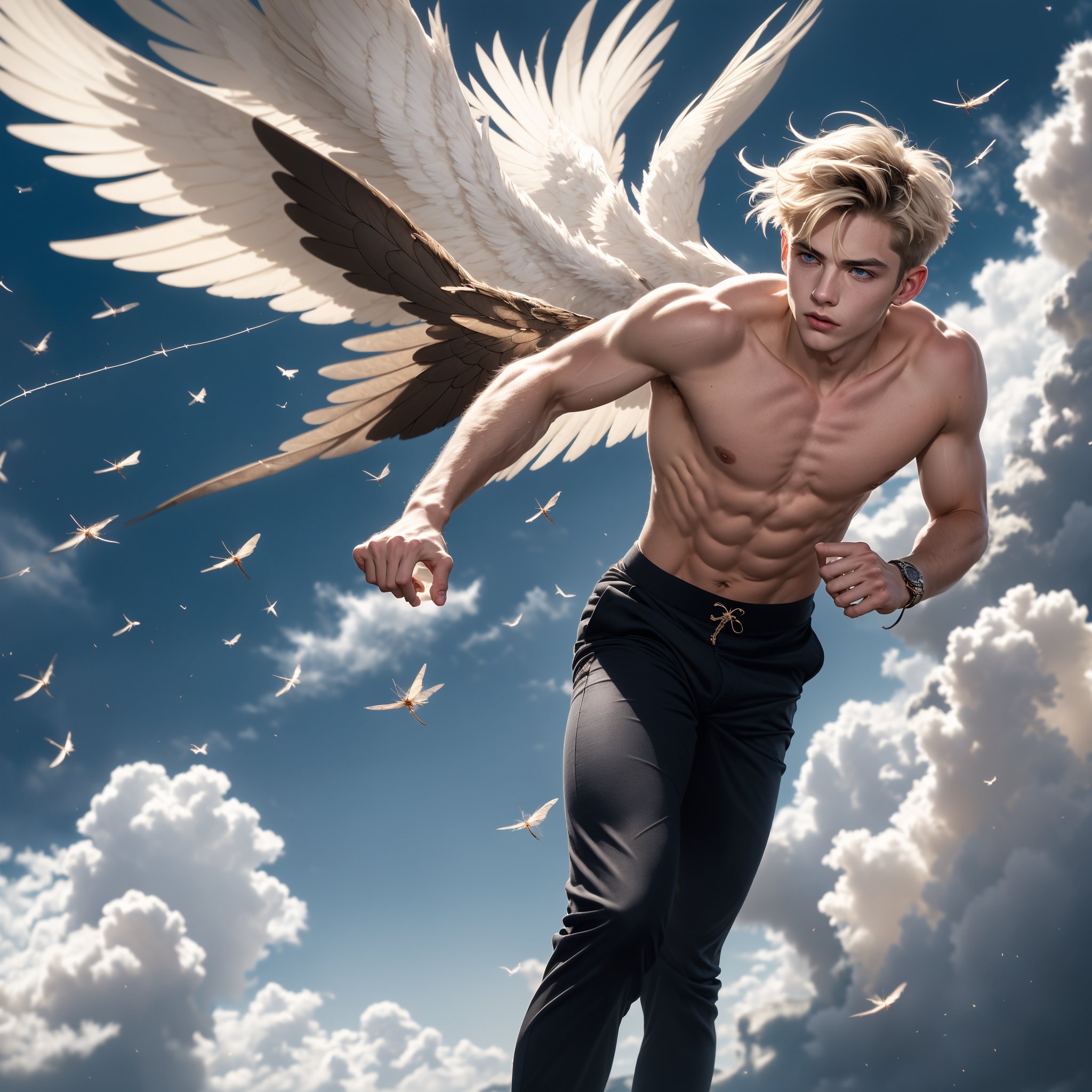 a full body of a 17 years old handsome boy,he is an angel,wearing  black suit,  black pants , dynamic movement, fighting stance,cute blond boy, short hair, male_only, pale white skin, masterpiece, photorealistic, best, best quality, male, perfect nipple, slim body, inspire by male model ,Detailed face, detailed body, detailed leg, 8k,  Photographic realistic masterpiece HDR high quality image, perfect high detail image.  (heaven theme:1.5)
detailed eyes, perfect eyes, tall and handsome, high detail hand and fingers, (fly down:1.5), (detailed hand, detailed fingers:1.2)
,flower4rmor,Masterpiece,Detailedface,Flower,Angel, (turn left:1.5)