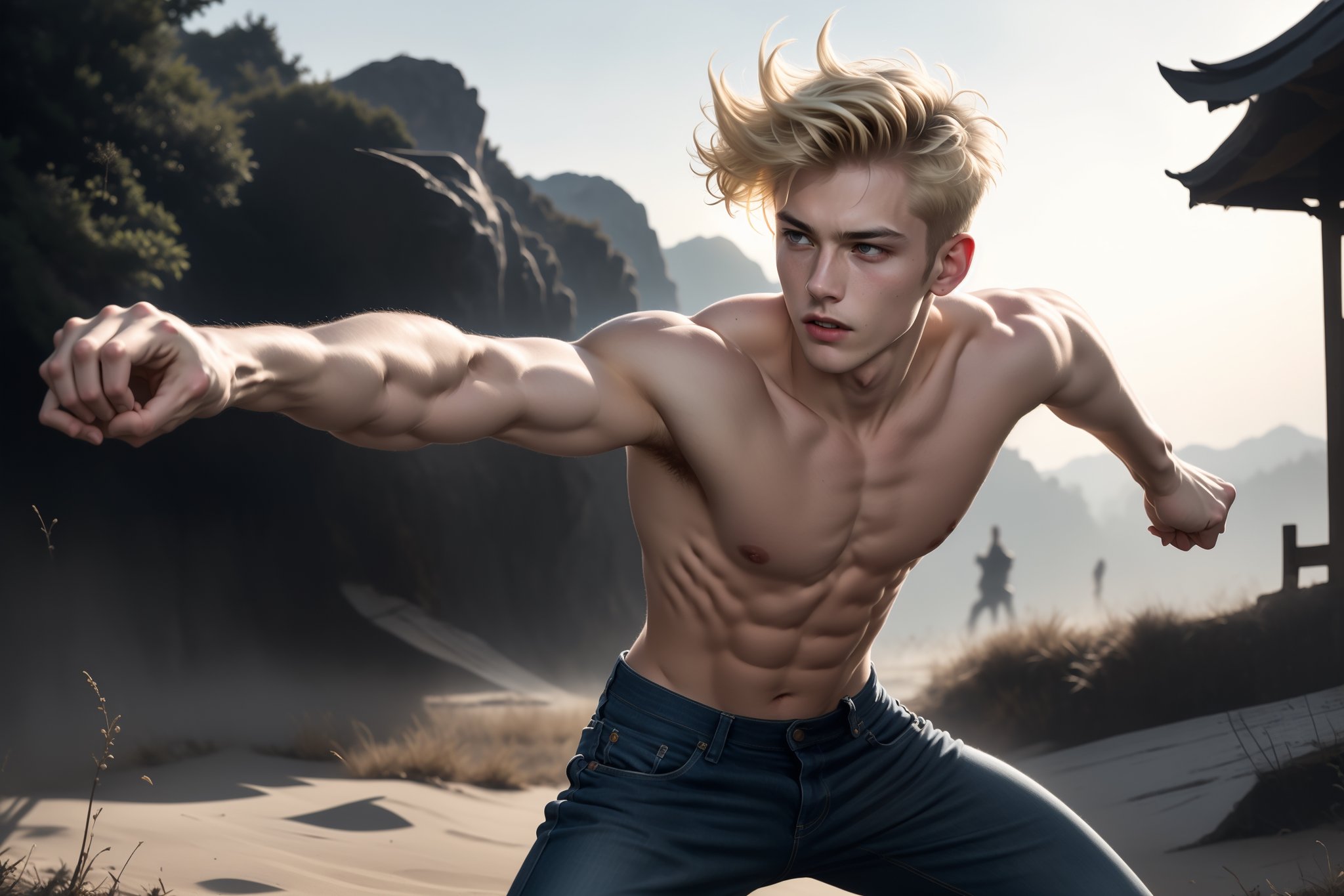 torso shot of a handsome boy, topless and wearing black denim pants, dynamic movement, fighting stance,cute (( blond hair boy)), short hair, male_only, pale white skin, masterpiece, photorealistic, best, best quality, male, perfect nipple, slim body, inspire by male model ,Detailed face, detailed body, detailed leg, 8k,  Photographic realistic masterpiece HDR high quality image, perfect high detail image. 
detailed eyes, perfect eyes, tall and handsome, high detail hand and fingers, Theme Battlefield, He sword fight with the enemy.

cinematic light, detailed environment,(real), motion blur, depth of field,  outstretched arms, fighting stance,
,flower4rmor,Masterpiece,Detailedface,xuer martial arts