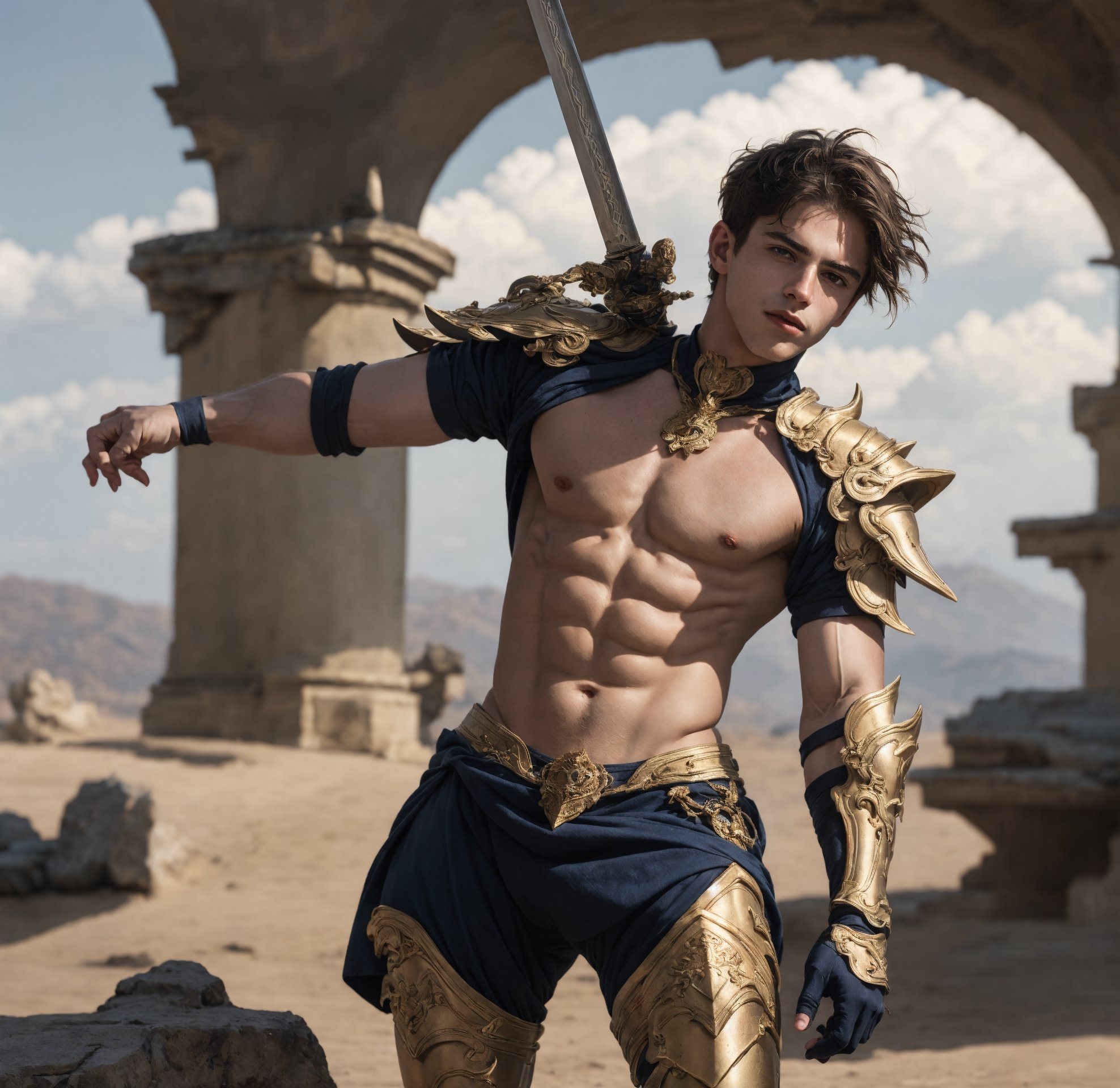 a full body shot of a 17-year-old cute Italian boy standing, wear heavy gold armor, fire sword in his hand, realistic, masterpiece, amazing photography, 8k, HDR, ultra-high resolution, realistic face, realistic body, slim body, realistic eyes, highly detailed eyes, perfect young face, wear majestic gold armor, ultra-high resolution,8k,Hdr, soft light, perfect face, cinematic light, soft box light, pal colors, unsaturated colors,abandoned_style, photo of perfect eyes,he's looking side way, perfect leg, walking outside in the nature, perfect foot, can see the whole body,handsome cute italian boy, sharp focus, short hair, fade haircut, male_only, not looking at viewer, smooth, no chest hair, pose sword fight, alone, heavy armor, realistic skin,hdsrm, fighter, looking up to the sky, sword in hand,fight scene, sword slashing,renaissance