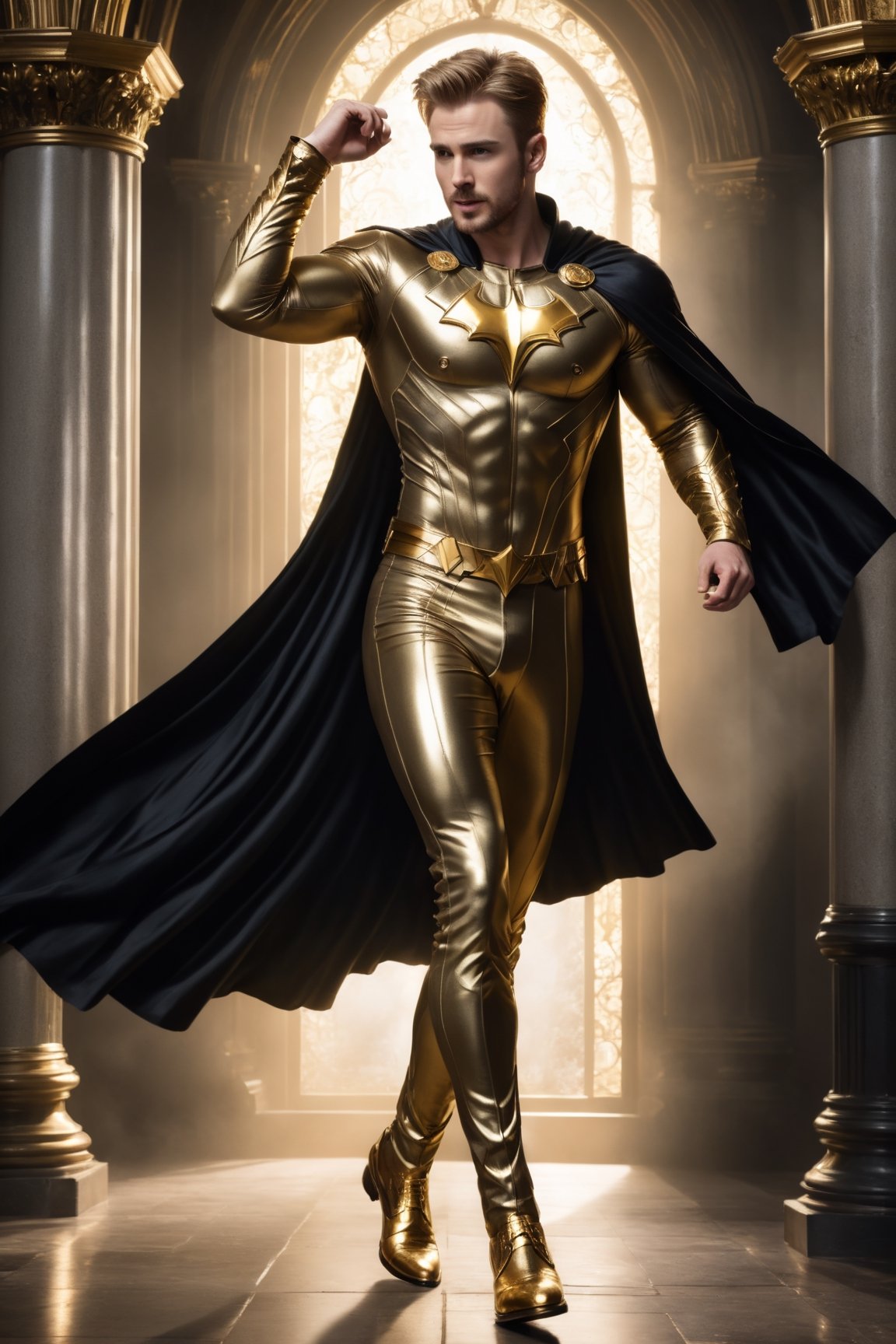 create a side body view of a hyper-realistic image of a 20 years old tall and handsome actor Chris Evans, young handsome looking, He star in a new gothic movie as a gold king, 
((leaping attack:1.2)), ((side body view:1.4)),

8k, high detailed, sharp focus,more detail XL,Movie Still,(full body view:1.9),gold shoes,  (whole body within frame), short undercut blond hair, ((((wearing a gold king dress with black cape)), )), ((gold long pants)),aesthetic portrait,LegendDarkFantasy, ((laughing:1.7)), far camera shoot, 