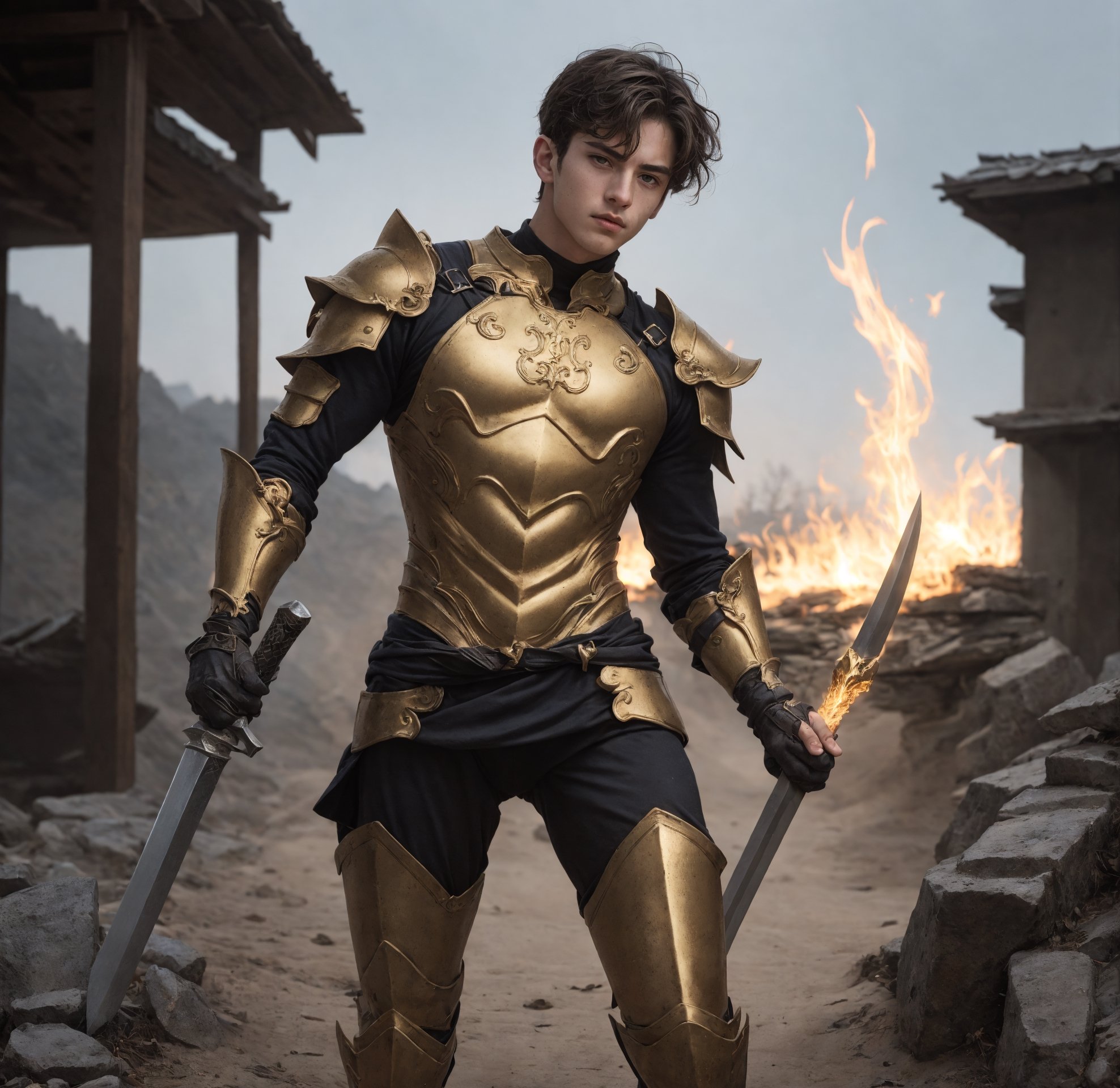 a full body shot of a 17-year-old cute Italian boy standing, wear heavy gold armor, fire sword in his hand, realistic, masterpiece, amazing photography, 8k, HDR, ultra-high resolution, realistic face, realistic body, slim body, realistic eyes, highly detailed eyes, perfect young face, wear majestic gold armor, ultra-high resolution,8k,Hdr, soft light, perfect face, cinematic light, soft box light, pal colors, unsaturated colors,abandoned_style, photo of perfect eyes,he's looking side way, perfect leg, walking outside in the nature, perfect foot, can see the whole body,handsome cute italian boy, sharp focus, short hair, fade haircut, male_only, not looking at viewer, smooth, no chest hair, pose sword fight, alone, heavy armor, realistic skin,hdsrm, fighter, looking up to the sky, sword in hand,fight scene, sword slashing