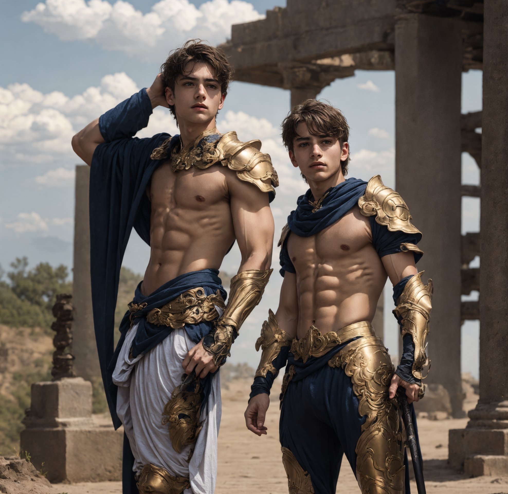 a full body shot of a 17-year-old cute Italian boy standing, wear bear chest armor, fire sword in his hand, realistic, masterpiece, amazing photography, 8k, HDR, ultra-high resolution, realistic face, realistic body, slim body, realistic eyes, highly detailed eyes, perfect young face, wear majestic gold armor, ultra-high resolution,8k,Hdr, soft light, perfect face, cinematic light, soft box light, pal colors, unsaturated colors,abandoned_style, photo of perfect eyes,he's looking side way, perfect leg, walking outside in the nature, perfect foot, can see the whole body,handsome cute italian boy, sharp focus, short hair, fade haircut, male_only, not looking at viewer, smooth, no chest hair, pose sword fight, alone, heavy armor, realistic skin,hdsrm, fighter, looking up to the sky, sword in hand,fight scene, sword slashing,renaissance