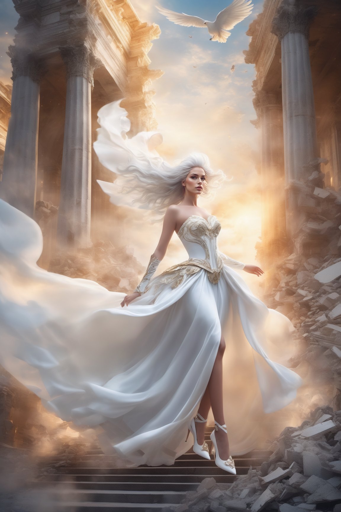 best quality, masterpiece, walking, 
Amidst the ruins of a once-grand temple, Athena flying in the sky, her white gown a whirlwind of rococo and chaos, mirroring the tumult she brings,  a testament to her power to challenge and provoke, (whole body within frame:1.2), white hair, ((white heels:1.2)),


