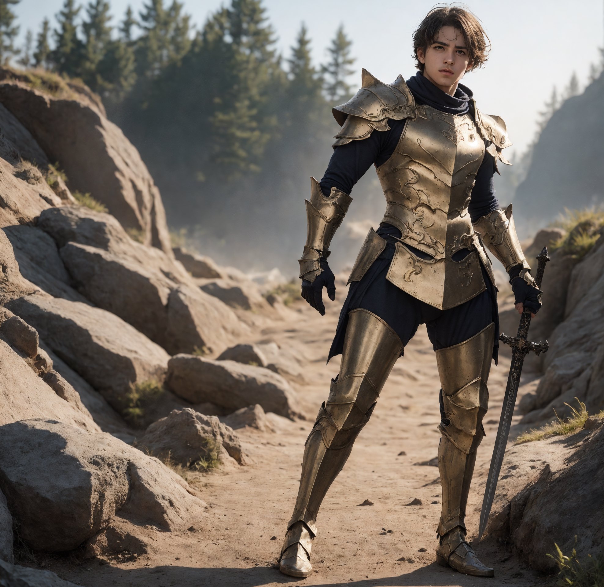 a full body shot of a 17-year-old cute Italian boy standing, wear heavy gold armor, sword in his hand, realistic, masterpiece, amazing photography, 8k, HDR, ultra-high resolution, realistic face, realistic body, slim body, realistic eyes, highly detailed eyes, perfect young face, wear majestic gold armor, ultra-high resolution,8k,Hdr, soft light, perfect face, cinematic light, soft box light, pal colors, unsaturated colors,abandoned_style, photo of perfect eyes,he's looking side way, perfect leg, walking outside in the nature, perfect foot, can see the whole body,handsome cute italian boy, sharp focus, short hair, fade haircut, male_only, not looking at viewer, smooth, no chest hair, pose sword fight, alone, heavy armor, realistic skin,hdsrm, fighter, looking up to the sky, sword in hand,fight scene, sword slashing