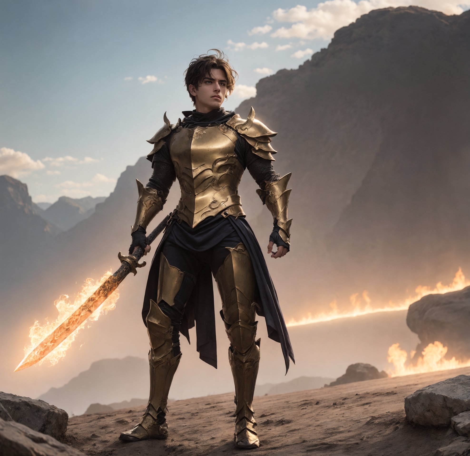 a full body shot of a 17-year-old cute Italian boy standing, wear heavy gold armor, fire sword in his hand, realistic, masterpiece, amazing photography, 8k, HDR, ultra-high resolution, realistic face, realistic body, slim body, realistic eyes, highly detailed eyes, perfect young face, wear majestic gold armor, ultra-high resolution,8k,Hdr, soft light, perfect face, cinematic light, soft box light, pal colors, unsaturated colors,abandoned_style, photo of perfect eyes,he's looking side way, perfect leg, walking outside in the nature, perfect foot, can see the whole body,handsome cute italian boy, sharp focus, short hair, fade haircut, male_only, not looking at viewer, smooth, no chest hair, pose sword fight, alone, heavy armor, realistic skin,hdsrm, fighter, looking up to the sky, sword in hand,fight scene, sword slashing