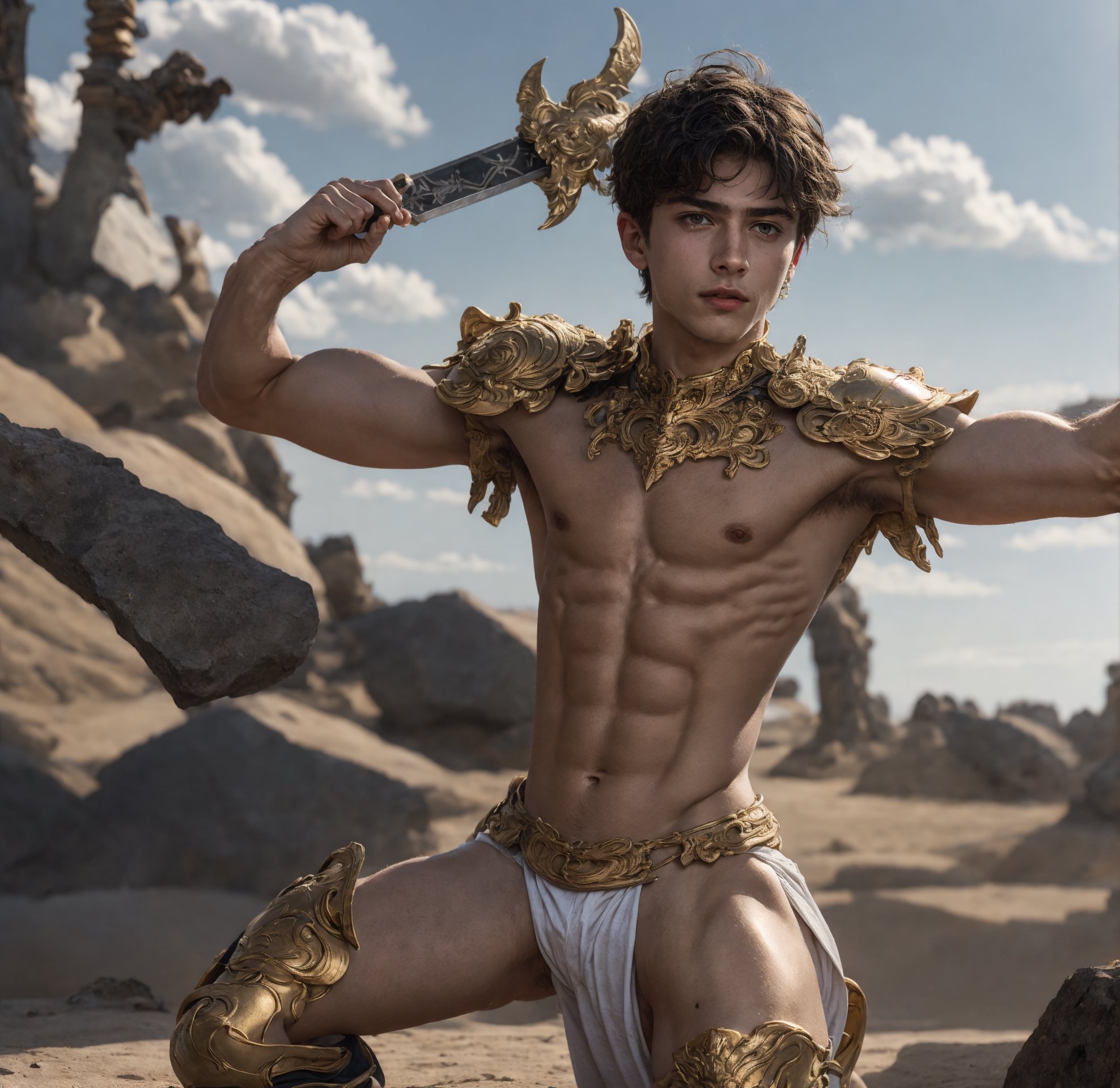 a full body shot of a 17-year-old cute Italian boy standing, wear heavy gold armor, fire sword in his hand, realistic, masterpiece, amazing photography, 8k, HDR, ultra-high resolution, realistic face, realistic body, slim body, realistic eyes, highly detailed eyes, perfect young face, wear majestic gold armor, ultra-high resolution,8k,Hdr, soft light, perfect face, cinematic light, soft box light, pal colors, unsaturated colors,abandoned_style, photo of perfect eyes,he's looking side way, perfect leg, walking outside in the nature, perfect foot, can see the whole body,handsome cute italian boy, sharp focus, short hair, fade haircut, male_only, not looking at viewer, smooth, no chest hair, pose sword fight, alone, heavy armor, realistic skin,hdsrm, fighter, looking up to the sky, sword in hand,fight scene, sword slashing,renaissance