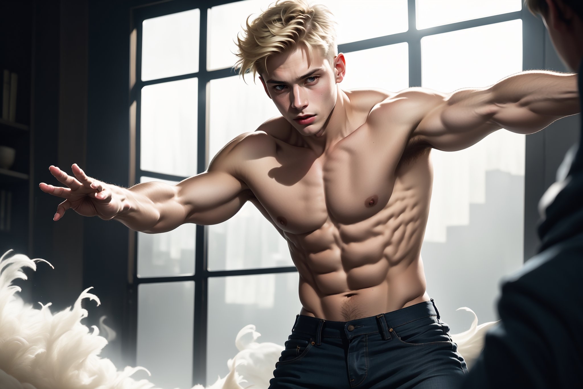 torso shot of a handsome boy, topless and wearing black denim pants, dynamic movement, fighting stance,cute (( blond hair boy)), short hair, male_only, pale white skin, masterpiece, photorealistic, best, best quality, male, perfect nipple, slim body, inspire by male model ,Detailed face, detailed body, detailed leg, 8k,  Photographic realistic masterpiece HDR high quality image, perfect high detail image. 
detailed eyes, perfect eyes, tall and handsome, high detail hand and fingers, Theme Battlefield, He sword fight with the enemy.

cinematic light, detailed environment,(real), motion blur, depth of field,  outstretched arms, fighting stance,
,flower4rmor,Masterpiece,Detailedface,xuer martial arts