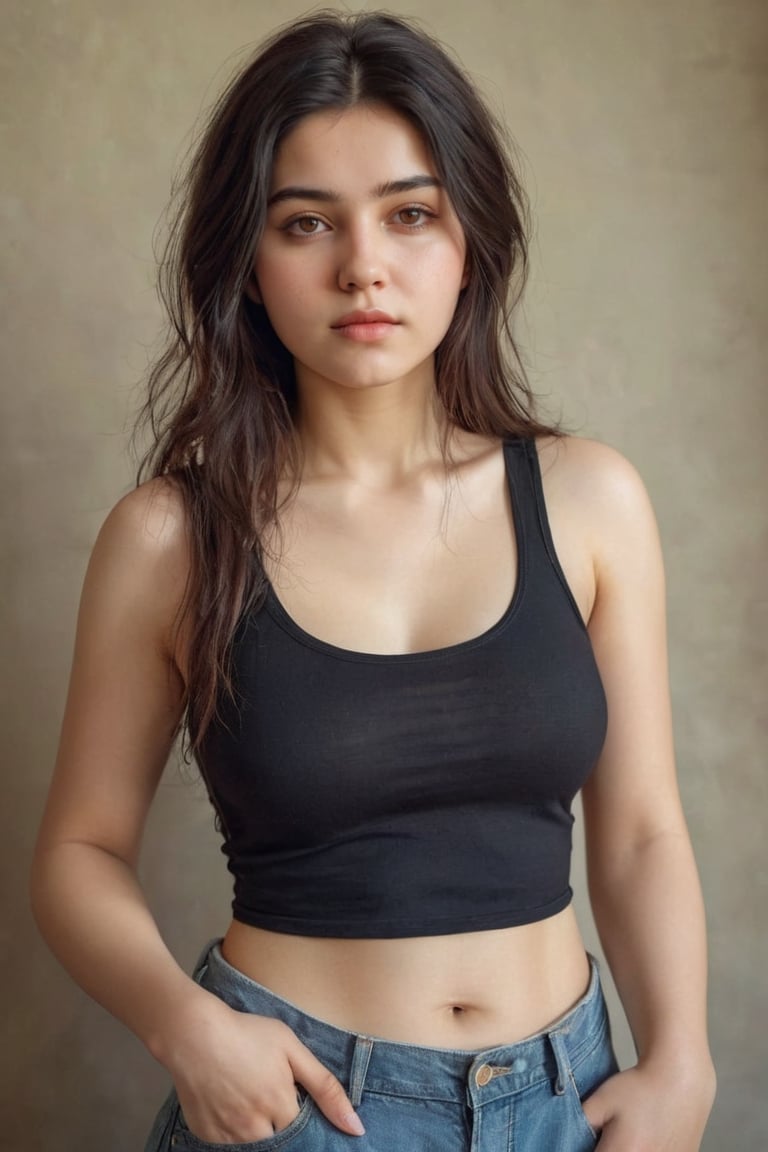 Beautiful woman wearing a tanktop no bra, analog photograph, professional fashion photoshoot, hyperrealistic, masterpiece, trending on artstation,krrrsty, cut, little chubby, long hair like pashtoon girl. It must be natural and real