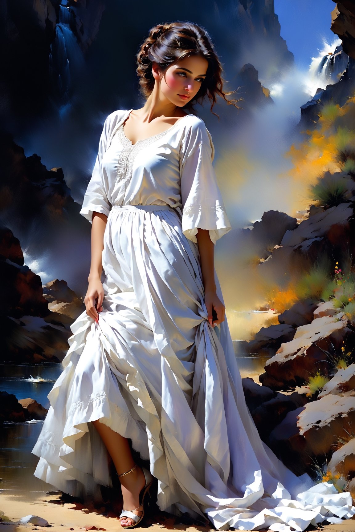 Embracing the exquisite beauty and grace of a woman through the artistry of a painted portrait.A hyper-realistic 32k  digital rendering, 8k,brought to life through the expert brush strokes of Pino Daeni, ultra fine detail in strokes, saturated colors, dramatic lighting, chiaroscuro effect, high contrast, 32k,intrikate,. Look like pashtoon girl. It must looks real and natural 