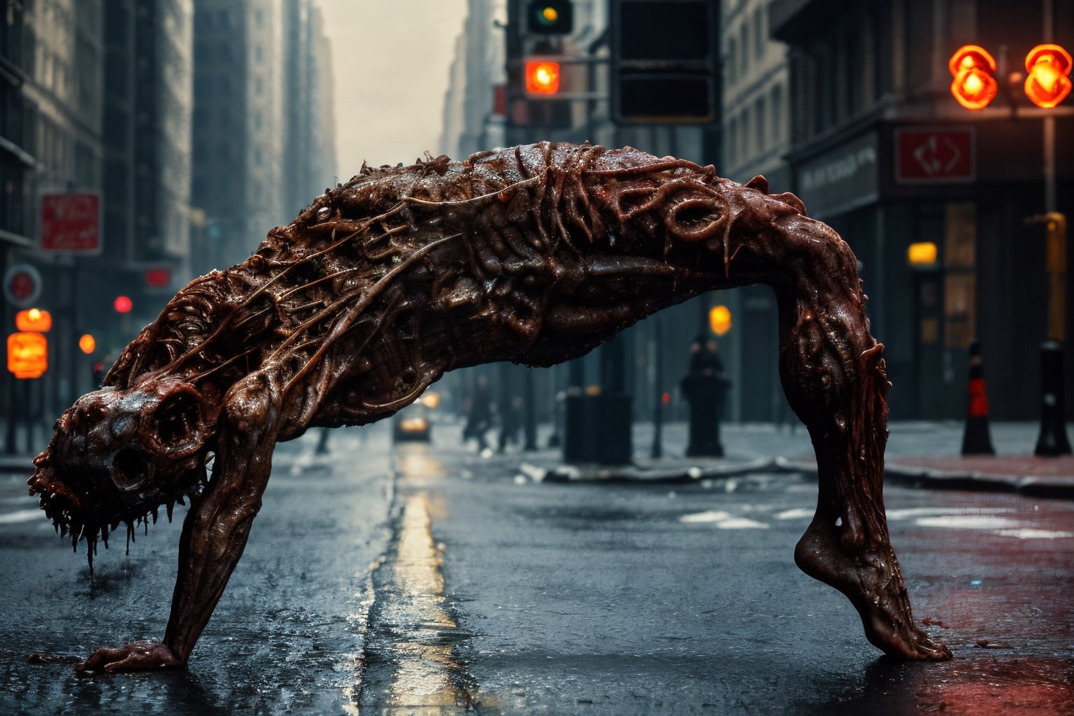 (Masterpiece, ultra detailed, hyper quality), (((wide shot))), 
Wes Anderson's Colors,
Movie screen, rich colors,
film grain,
award-winning photo, detailed, intricate,

1970s, science fiction,

 
wet and disgusting body. 

City street, New York, outdoor during the day, in the middle of the road, a man stands on the road, the man's body is rotten, mutated, twisted,




horror movies,

(((Long distance full body shot))),
, cinematic lighting, bright colors, in frame,  
,photo r3al, cinematic moviemaker style,
,disgusting body horror, monsters00d,