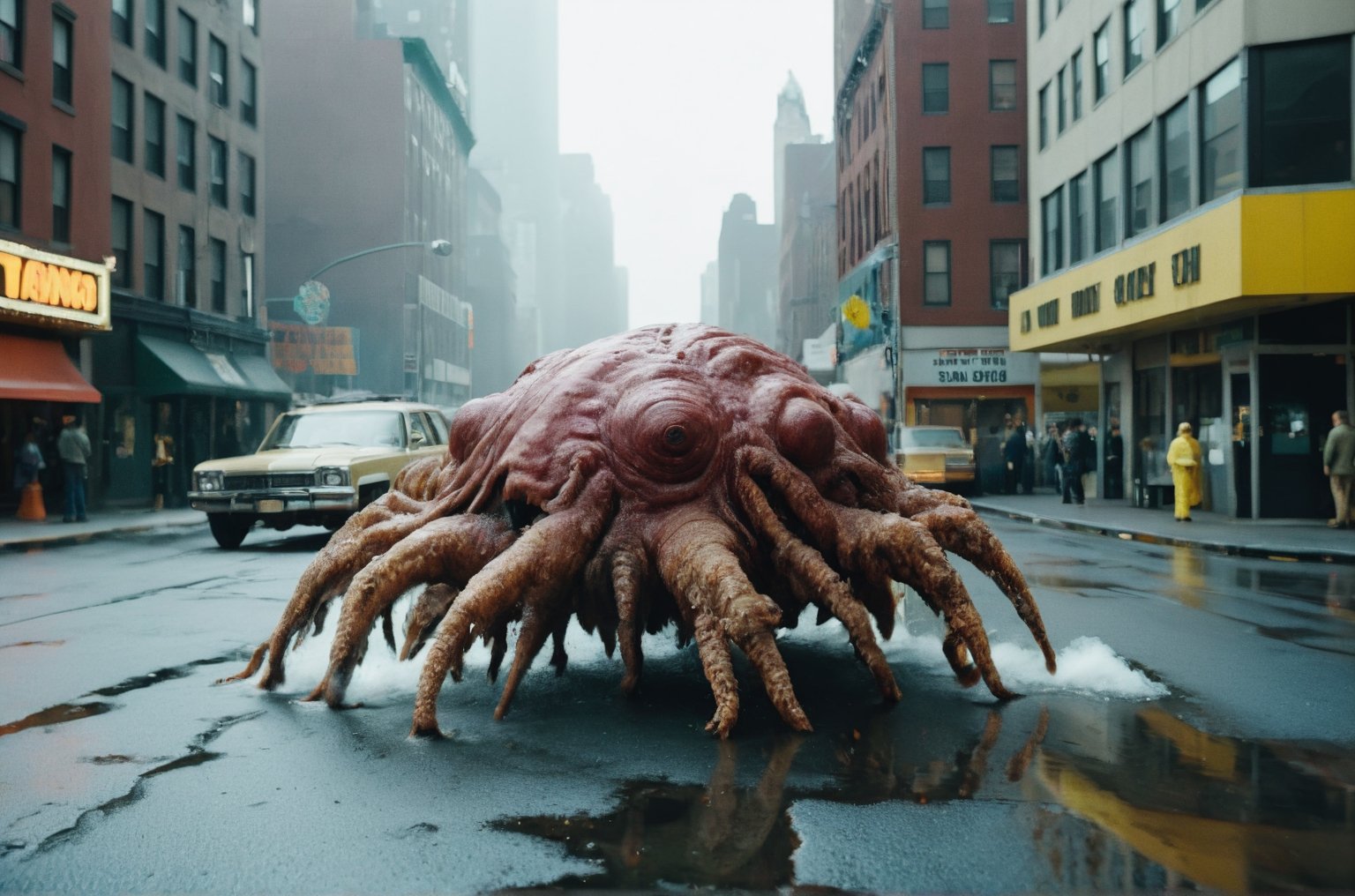 (Masterpiece, ultra detailed, hyper quality), (((wide shot))), 
Wes Anderson's Colors,
Movie screen, rich colors,
film grain,
award-winning photo, detailed, intricate,

1970s, science fiction,

 
wet and disgusting body. 

City street, New York, outdoor during the day, 

fking_scifi_v2, alien in the middle ,transparent maroon skin, body hairy,[cthulhu|monster head],almond shaped black pupil,strong body,[[telescopic claw]],tentacle,80mm, f/1.8, dof, bokeh, depth of field,subsurface scattering,thick fog, 
,x made of bath foam,tranzp,glass shiny style,



horror movies,

(((Long distance full body shot))),
, cinematic lighting, bright colors, in frame,  
,photo r3al, cinematic moviemaker style,
,disgusting body horror, monsters00d,