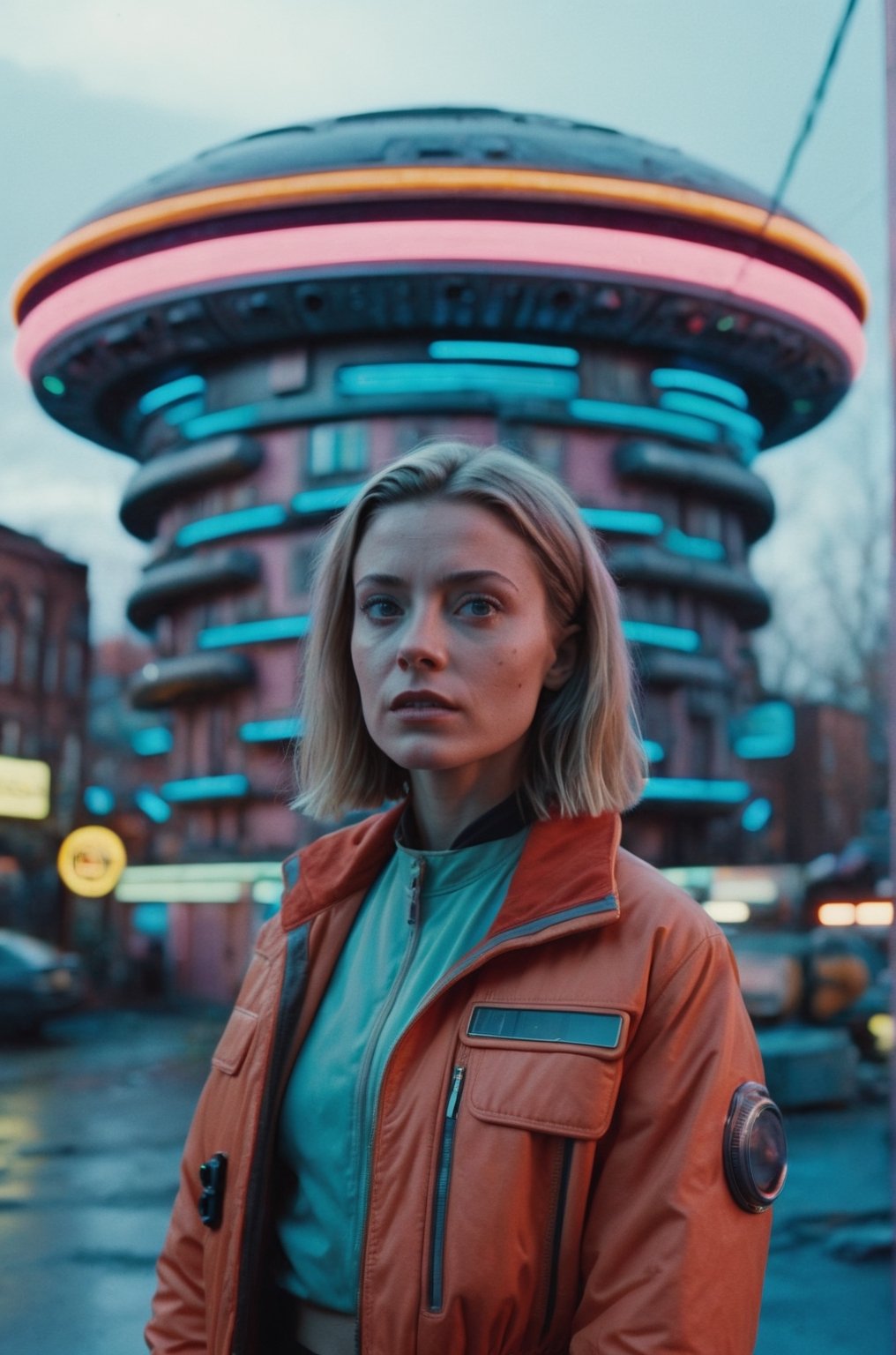 (Masterpiece, ultra detailed, hyper quality), (((wide shot))), 
Wes Anderson's Colors,
Movie screen, rich colors,
film grain,
award-winning photo, sharp focus, detailed, intricate,






Future city, cyberpunk,

Retro future, science fiction, city background, UFO shaped house, the appearance of the house is like a UFO,
Girl half-length photo,
A beautiful girl stands in the middle of the picture,
girl looks into the camera,



, cinematic lighting, bright colors, in frame,  
,photo r3al, cinematic moviemaker style,cyborg style,cyborg,cyberpunk style