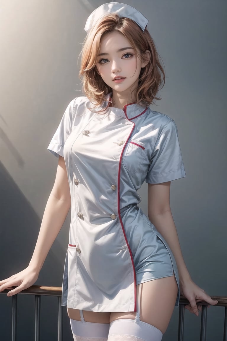 Natural Light, (Best Quality, Masterpiece), (((perfect anatomy))), (beautiful and detailed eyes), (realistic detailed skin texture), (detailed hair), (realistic light and shadow), ((grin smile)), ((cowboy shot), 1woman, solo, nurse, nurse cap, white nurse uniform, white stockings, short hair, orange hair, pink lips, smile, standing, white background, simple background, sharp outline, Transparent watercolor, Anitoon2, 