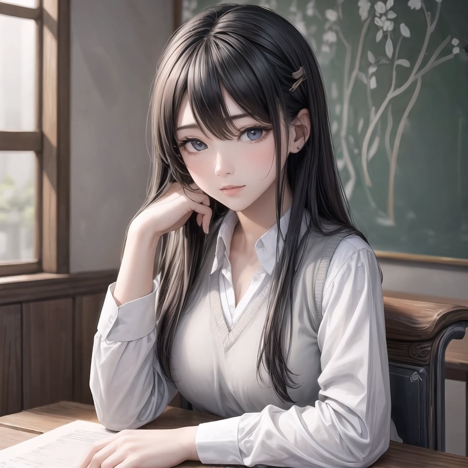 Natural Light, (Best Quality, highly detailed, Masterpiece), ((wide shot)), 
(beautiful and detailed eyes), (realistic detailed skin texture), (detailed hair), 1girl, long hair, blue eyes, shirt, black hair, hair ornament, long sleeves, sitting, school uniform, white shirt, upper body, necktie, solo focus, hairclip, collared shirt, indoors, vest, grey eyes, blurry background, looking away, desk, sweater vest, head rest, classroom, ((perfect anatomy)), ((Ancient Chinese painting)), (clean outline), (sketch style line art),