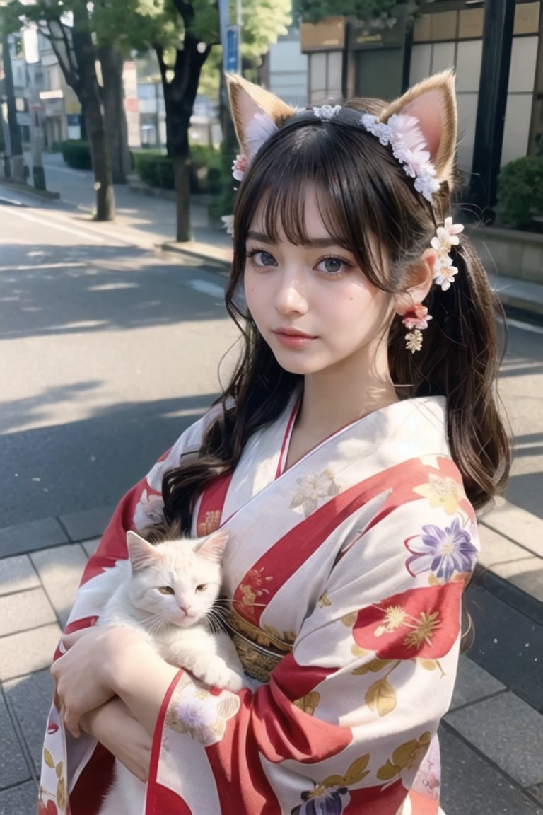 Natural Light, (Best Quality, highly detailed, Masterpiece:1.2), 16k, depth of field, ((wide shot)), (beautiful and detailed eyes), (realistic detailed skin texture), (detailed hair), (Fantasy aesthetic style), (realistic light and shadow), (real and delicate background), anime cat with headdress holding a cat in her arms on the street, 1girl, animal ears, cat, long hair, animal ear fluff, animal, solo, hair ornament, japanese clothes, looking at viewer, cat ears, hair flower, flower, long sleeves, blush, kimono, bangs, red kimono, floral print, parted lips, holding, brown eyes, upper body, 