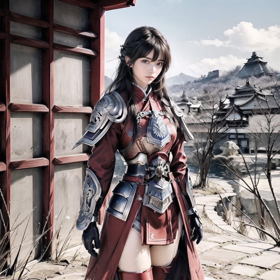 Natural Light, (Best Quality, highly detailed, Masterpiece), ((wide shot)), 
(beautiful and detailed eyes), (realistic detailed skin texture), (detailed hair), (full-length shot), 1girl, light cyan short hair, blue eyes, serious, red cloak, boots, (((gorgeous designed red Japanese armour‎))), ((dark red thighhighs)), standing, (castle background), ink background, (((perfect anatomy))), (clean outline), (sketch style line art), ,ink splash, 