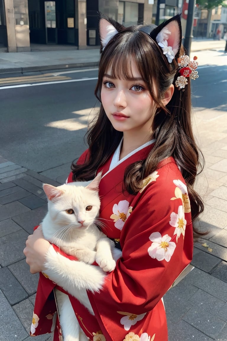 Natural Light, (Best Quality, highly detailed, Masterpiece:1.2), 16k, depth of field, ((wide shot)), (beautiful and detailed eyes), (realistic detailed skin texture), (detailed hair), (Fantasy aesthetic style), (realistic light and shadow), (real and delicate background), anime cat with headdress holding a cat in her arms on the street, 1girl, animal ears, cat, long hair, animal ear fluff, animal, solo, hair ornament, japanese clothes, looking at viewer, cat ears, hair flower, flower, long sleeves, blush, kimono, bangs, red kimono, floral print, parted lips, holding, brown eyes, upper body, 