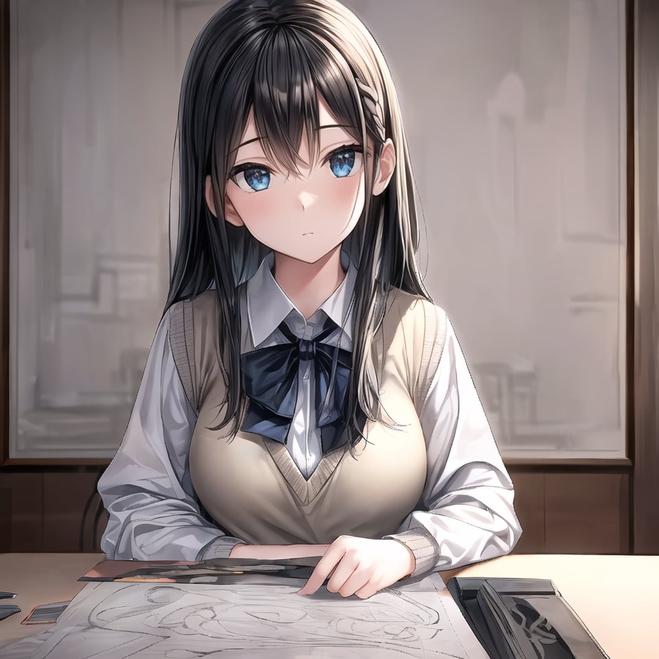 Natural Light, (Best Quality, highly detailed, Masterpiece), ((wide shot)), 
(beautiful and detailed eyes), (realistic detailed skin texture), (detailed hair), 1girl, long hair, blue eyes, shirt, black hair, hair ornament, long sleeves, sitting, school uniform, white shirt, upper body, necktie, solo focus, hairclip, collared shirt, indoors, vest, grey eyes, blurry background, looking away, desk, sweater vest, head rest, classroom, ((perfect anatomy)), ((Ancient Chinese painting)), (clean outline), (sketch style line art),