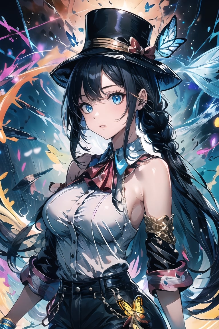 shows elemental elements, circus hat and ringmaster, intense and bright colors, teenage girl, long black hair, braids, light blue eyes, butterfly details,anime