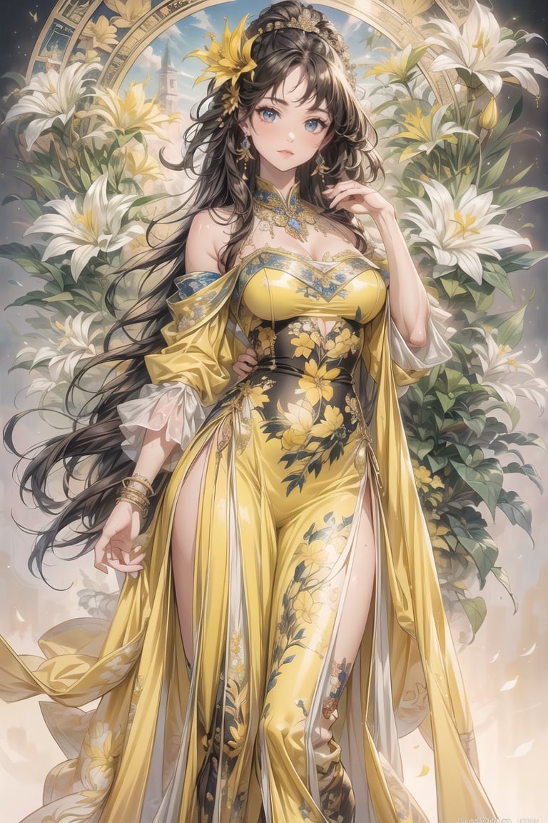 (Cinematic lighting, bloom), (outdoor), (Best Quality, Masterpiece, high resolution), (beautiful and detailed eyes), (realistic detailed skin texture), (detailed hair), (realistic light and detailed shadow), (real and delicate background), (yellow tone), (half body), 1girl, A lady with long black hair, hair flower, earrings, chinese style Clothing, ancient cheongsam, Collarbone, Disgusted Scowl, parted lips, Transparent watercolor, ((yellow lily)), mucha art style,ancient_beautiful