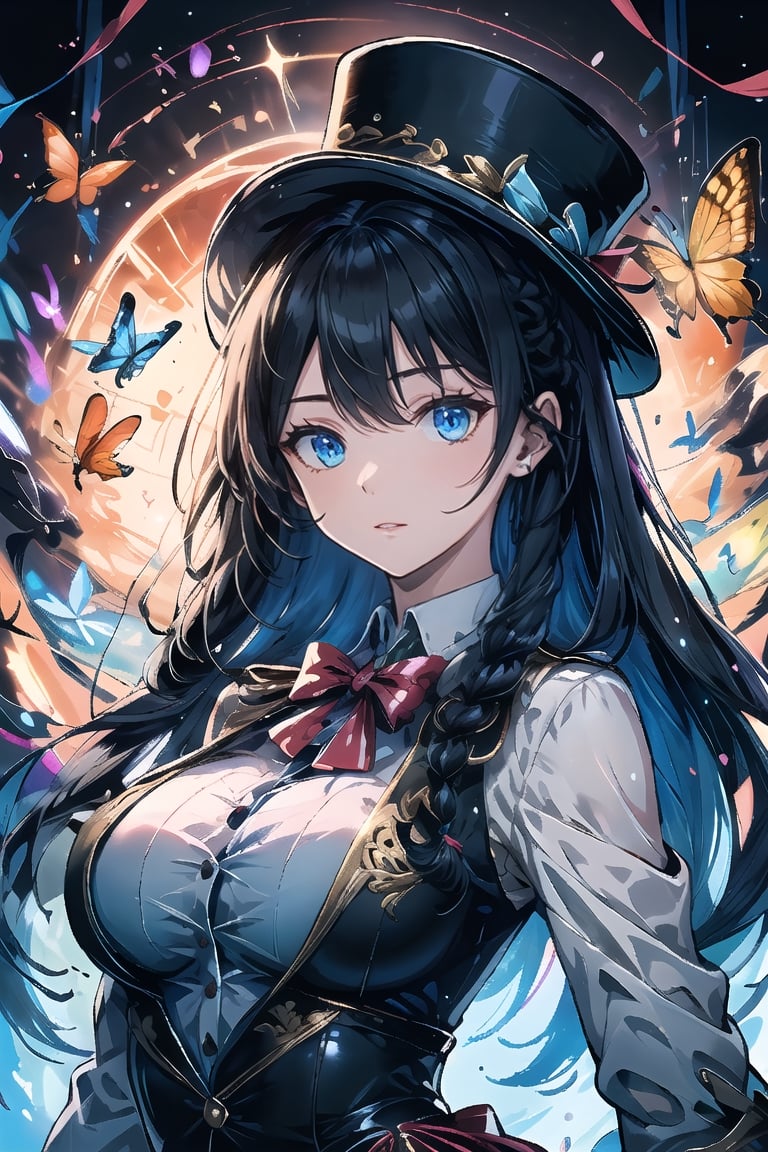 shows elemental elements, circus hat and ringmaster, intense and bright colors, teenage girl, long black hair, braids, light blue eyes, butterfly details,anime