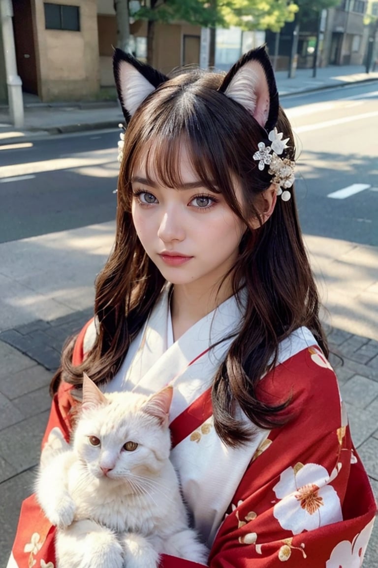 Natural Light, (Best Quality, highly detailed, Masterpiece:1.2), 16k, depth of field, ((wide shot)), (beautiful and detailed eyes), (realistic detailed skin texture), (detailed hair), (Fantasy aesthetic style), (realistic light and shadow), (real and delicate background), anime cat with headdress holding a cat in her arms on the street, 1girl, animal ears, cat, long hair, animal ear fluff, animal, solo, hair ornament, japanese clothes, looking at viewer, cat ears, hair flower, flower, long sleeves, blush, kimono, bangs, red kimono, floral print, parted lips, holding, brown eyes, upper body, 