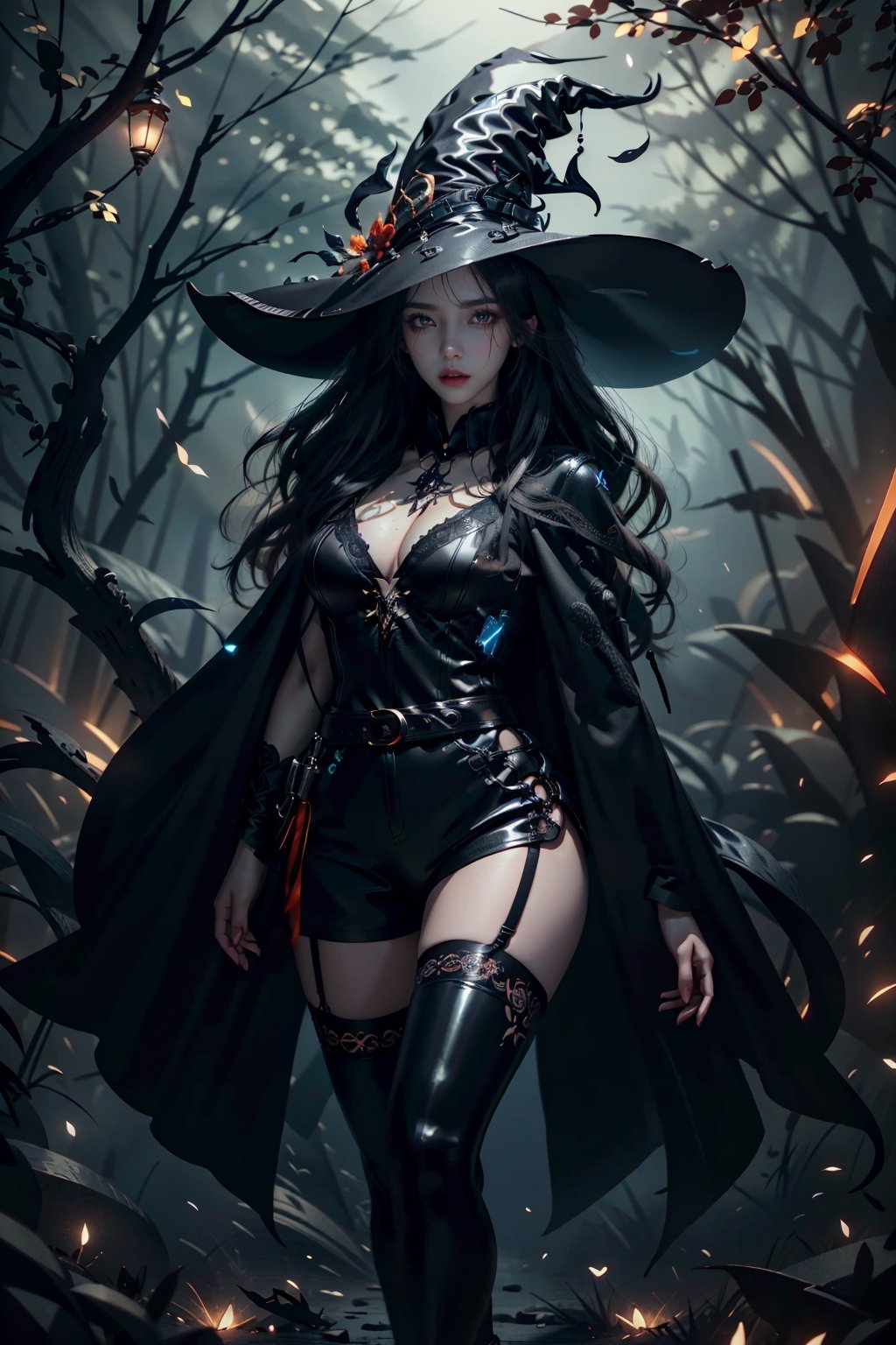 (RAW Photo, Best Quality, highly detailed, Masterpiece:1.2), ultra-high resolution, intricate detail, 16k images, depth of field, wide shot, perfect anatomy, light particles, 1girl, black hair, long Hair, slight wave, (detail eyes), (gorgeous witch hat), (black long coat), latex shorts, latex crop top, Red belt, cleavage, (big breast), black boots, (( intricately designed Dark thighhighs)), atmosphere mysterious, Facial expression Concentrated, with a slender figure and long legs, in a brightly lit environment, looking at viewer, nice hands, perfect hands, 
,Witch