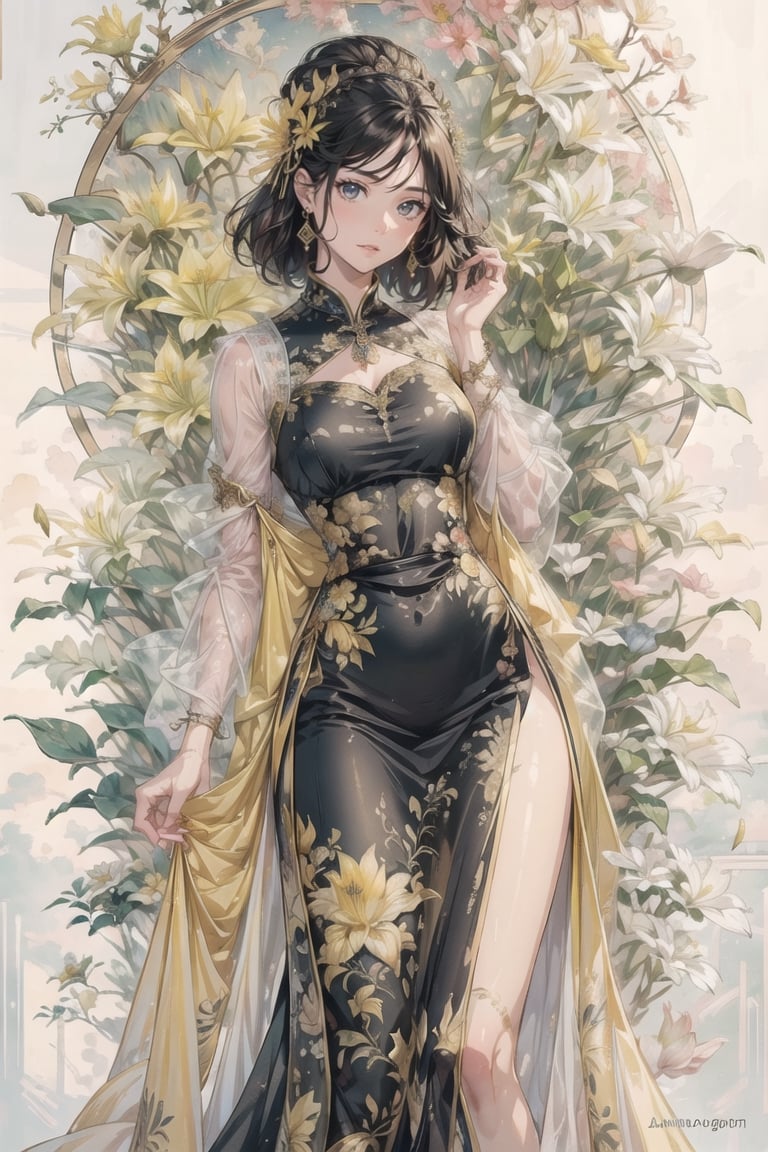 (Cinematic lighting, bloom), (outdoor), (Best Quality, Masterpiece, high resolution), (beautiful and detailed eyes), (realistic detailed skin texture), (detailed hair), (realistic light and detailed shadow), (real and delicate background), (half body), 1girl, A lady with long black hair, hair flower, earrings, chinese style Clothing, ancient cheongsam, Collarbone, Disgusted Scowl, parted lips, Transparent watercolor, ((yellow lily)), mucha art style,ancient_beautiful