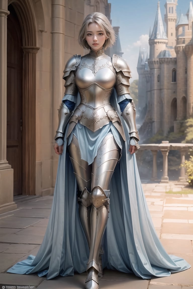 Natural Light, (Best Quality, highly detailed, Masterpiece), ((wide shot)), 
(beautiful and detailed eyes), (realistic detailed skin texture), (detailed hair), (full-length shot), 1girl, blue short hair, blue eyes, serious, white cloak, boots, ((silver full-armor)), (holding long sword), standing, (castle background), (((perfect anatomy))) ,rix