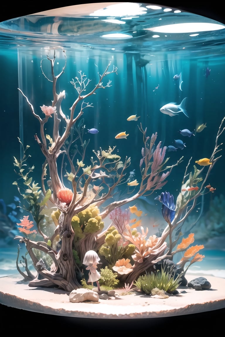 Natural Light, (Best Quality, highly detailed, Masterpiece), ((wide shot)), (Fantasy aesthetic style), (realistic light and shadow), (real and delicate background), (Clockwork universe), ((aquarium)), underwater decorations, 3D, doll, starry sky background, Material plastic, Studio light, ,full body