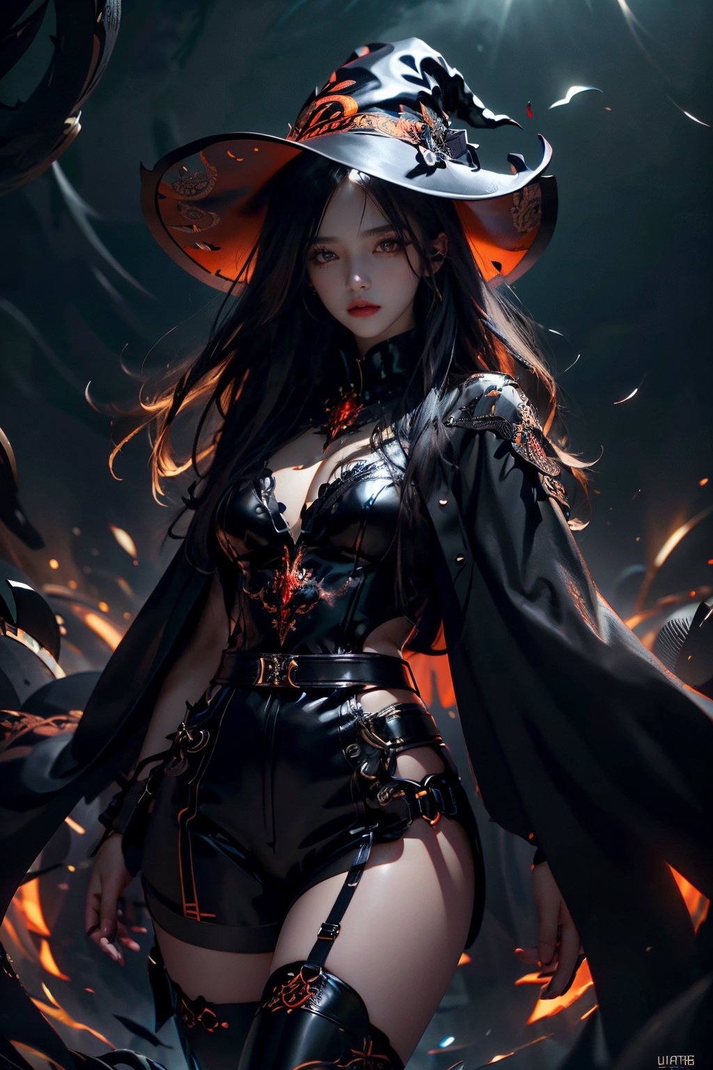 (RAW Photo, Best Quality, highly detailed, Masterpiece:1.2), ultra-high resolution, intricate detail, 16k images, depth of field, wide shot, perfect anatomy, light particles, (Full_body_shot), 1girl, black hair, long Hair, slight wave, Red eyes, gorgeous witch hat, black long coat, latex shorts, latex crop top, Red belt, cleavage, black boots, (( intricately designed Dark thighhighs)), atmosphere mysterious, Facial expression Concentrated, with a slender figure and long legs, in a brightly lit environment, looking at viewer, nice hands, perfect hands, 
,Witch