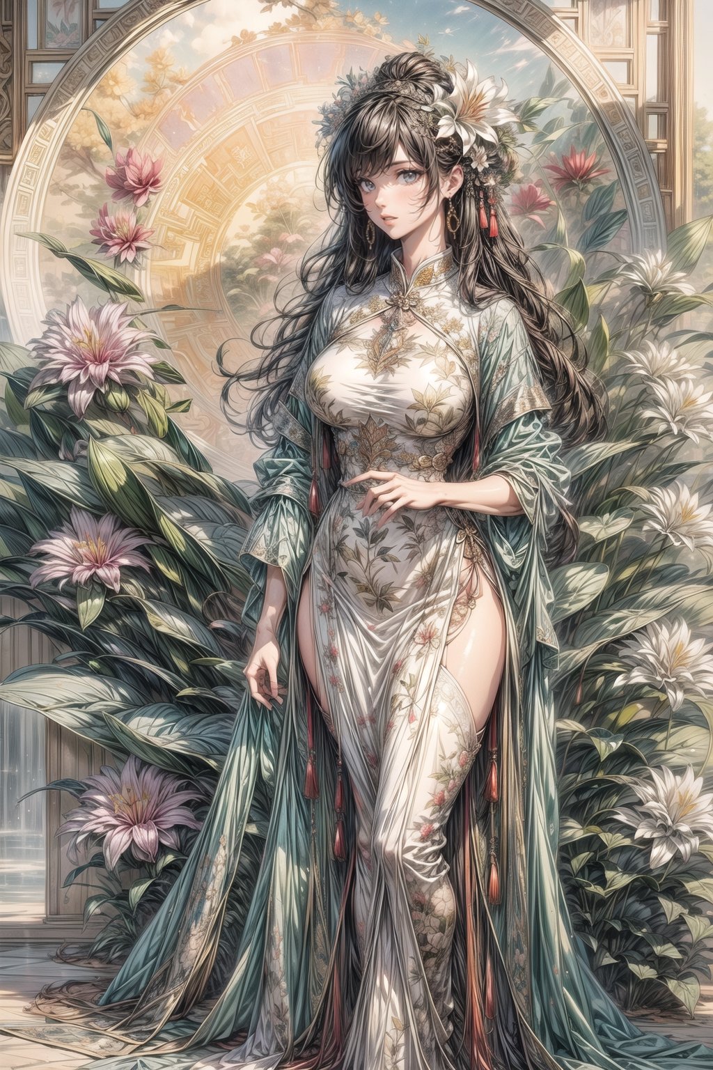 (Cinematic lighting, bloom), (outdoor), (Best Quality, Masterpiece, high resolution), (beautiful and detailed eyes), (realistic detailed skin texture), (detailed hair), (realistic light and detailed shadow), (real and delicate background), 1girl, A lady with long black hair, hair flower, earrings, chinese style Clothing, ancient cheongsam, Collarbone, Disgusted Scowl, parted lips, Transparent watercolor, ((huge flower, lily)), mucha art style,ancient_beautiful